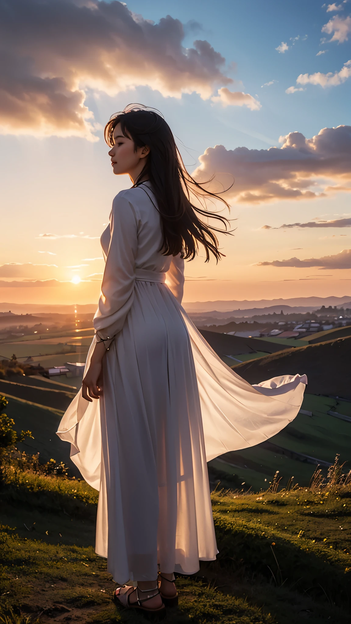 Beyond the Clouds, the Promised Place,

(1girl), 25yo, one peace dress, 

(Look up at the sky),
Standing on the hill, 
sunset,  shine, glint, 
(from behind)
