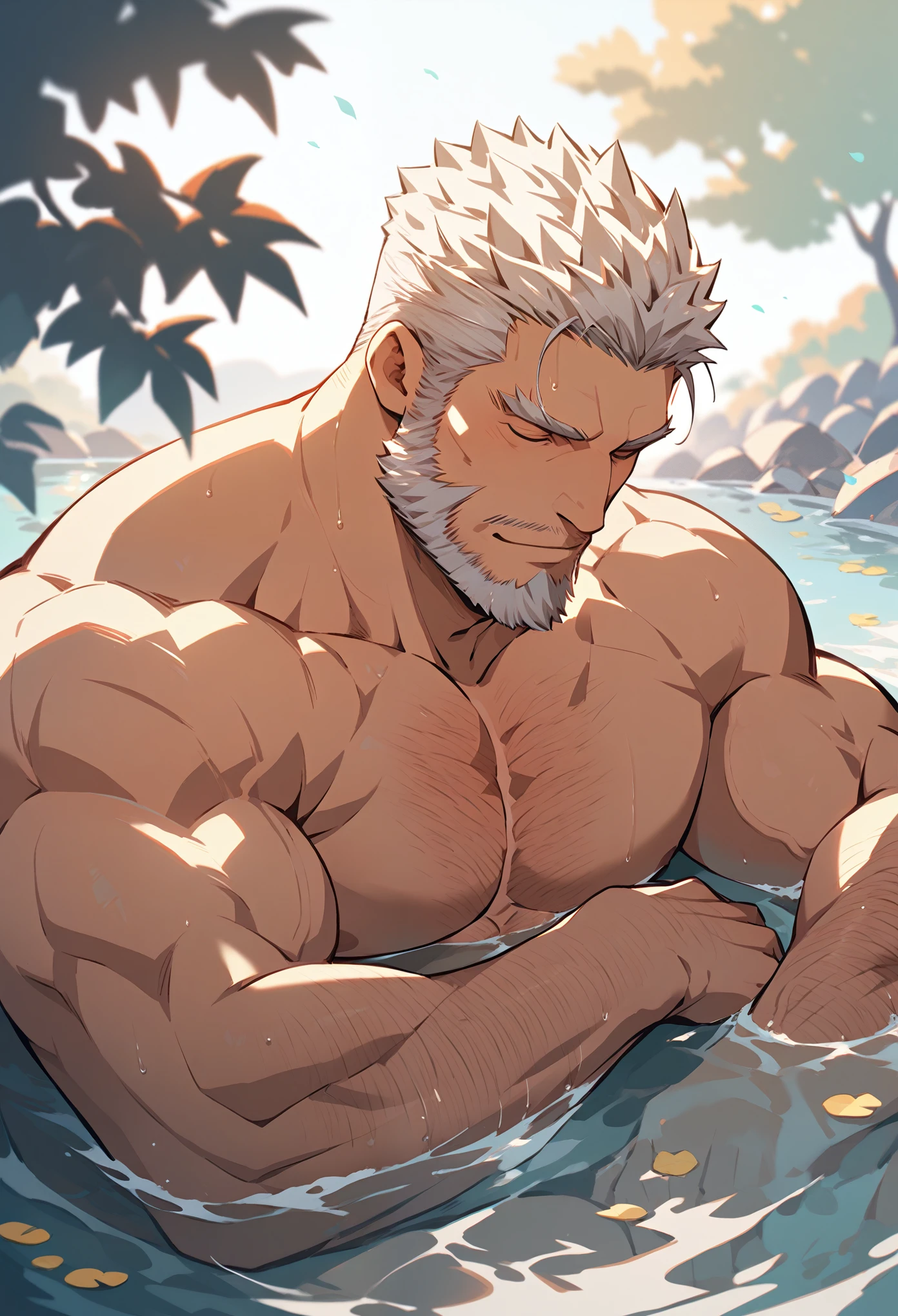 (big closed tongue sticking out) Tanned perfect, [lying down, kneeling], 1 lovely muscle man breastfeed his gentlemen rubs each other, (uncensored bara) buff contemporary shonen anime style. Masterpiece, realistic, extremely detailed, 8k wallpaper, long exposure. Shallow path stage. Stunning, (grab from behind all), milky skin, splashing. (Small tiny tight) transparency, (no thong) (no loincloth). --auto --s2