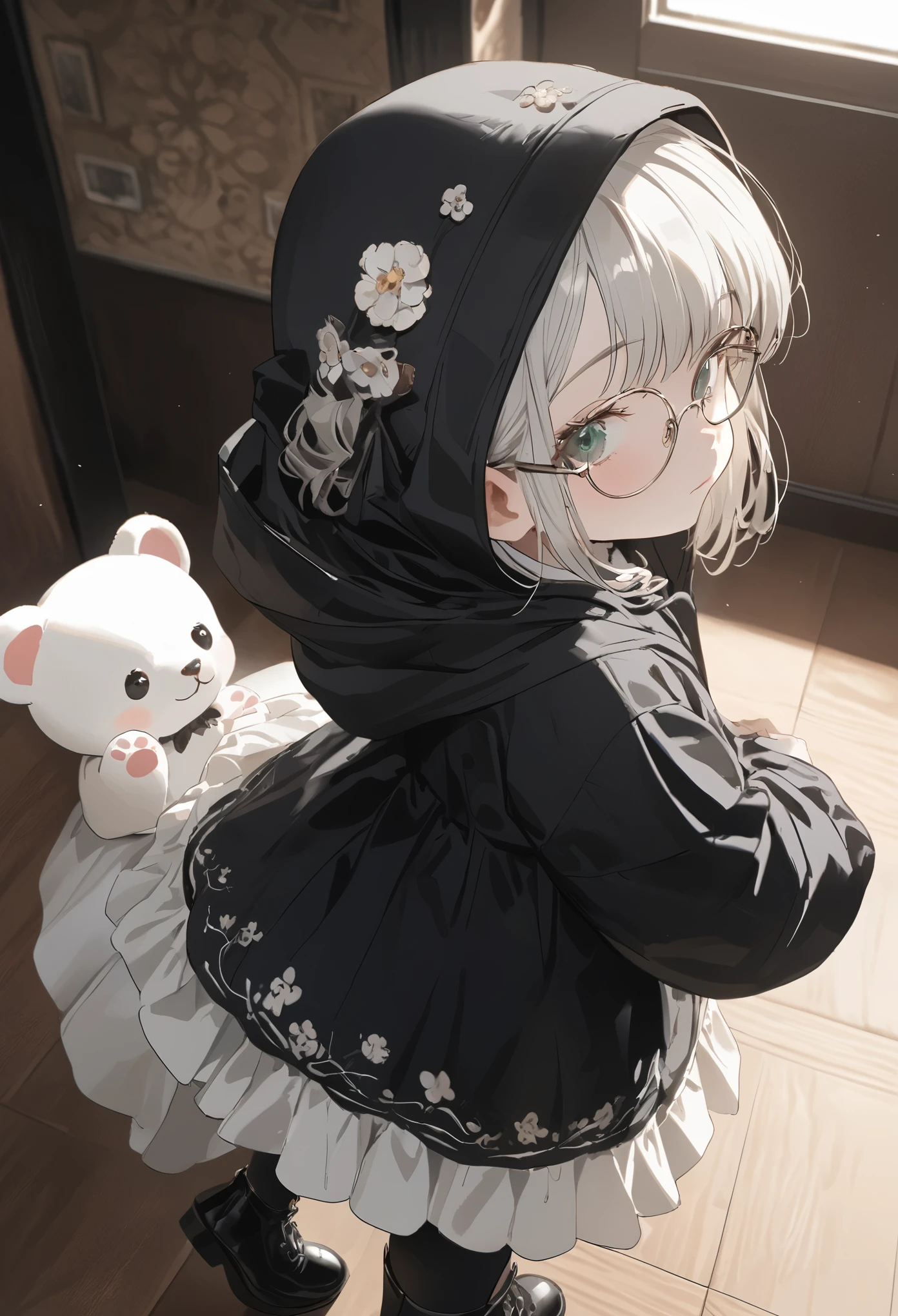 
1girl\(cute,little kid, white skin, pale skin,(wearing ((simple)) black hood:1.4),(black robe\(hood,white embroidery flower pattern, at edge\):1.3), ((white frilly dress)), (wearing black glasses:1.4), (((green eyes))), black boots, white hair, bangs, short bob hair, holding teddybear\(brown,fluffy\)\), BREAK ,isometric view, BREAK ,quality\(masterpiece, best quality,8k,wallpaper of extremely detailed CG unit, high resolution, top-quality, top-quality real texture skin, hyper realistic, increase the resolution, RAW photos, best quality, highly detailed, the wallpaper,golden ratio\),