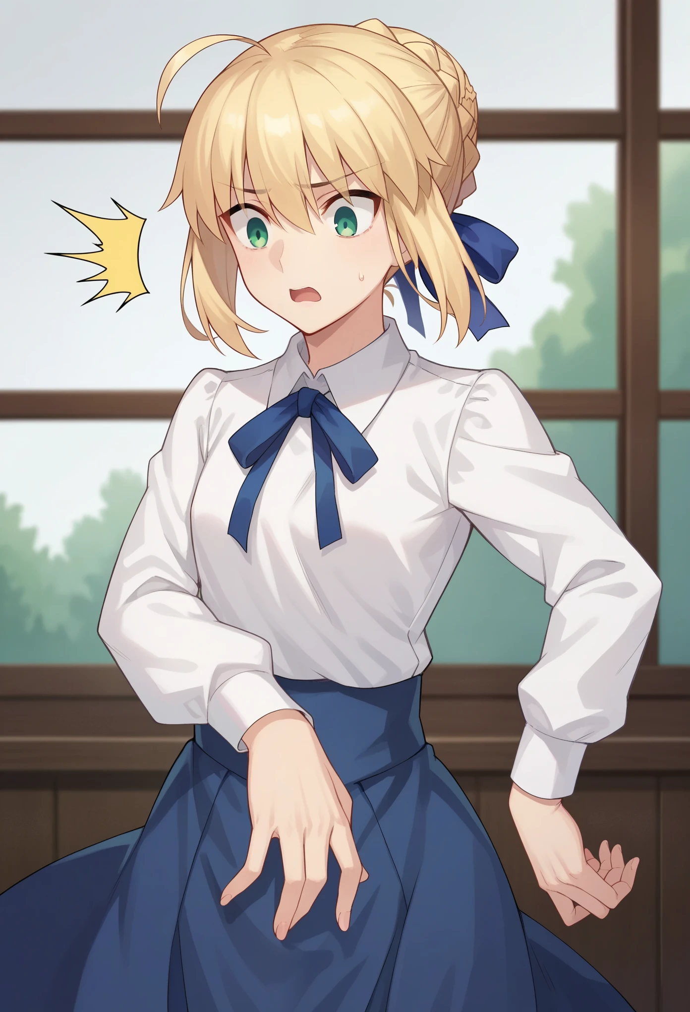 score_9,score_8_up,score_7_up, 1girl, solo, flat chest, character: artoria_pendragon_(fate), character: saber_(fate), green_eyes, hair_between_eyes, blonde_hair, short_hair, single_hair_bun, ahoge, braid, braided_bun, hair_bun, hair_ribbon, sidelocks, shirt, white_shirt, blue_ribbon, long_sleeves, ribbon,blue_skirt, (black pantyhoses), shocking, shocked face, stiff hands, standing, looking down, indoor, bedroom
