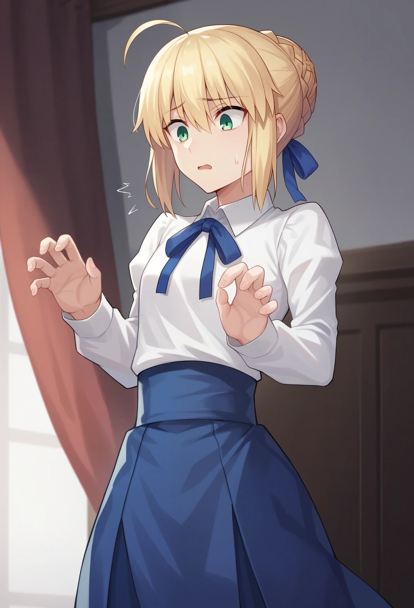 score_9,score_8_up,score_7_up, 1girl, solo, flat chest, character: artoria_pendragon_(fate), character: saber_(fate), green_eyes, hair_between_eyes, blonde_hair, short_hair, single_hair_bun, ahoge, braid, braided_bun, hair_bun, hair_ribbon, sidelocks, shirt, white_shirt, blue_ribbon, long_sleeves, ribbon,blue_skirt, (black pantyhoses), shocking, shocked face, stiff hands, standing, looking down, indoor, bedroom
