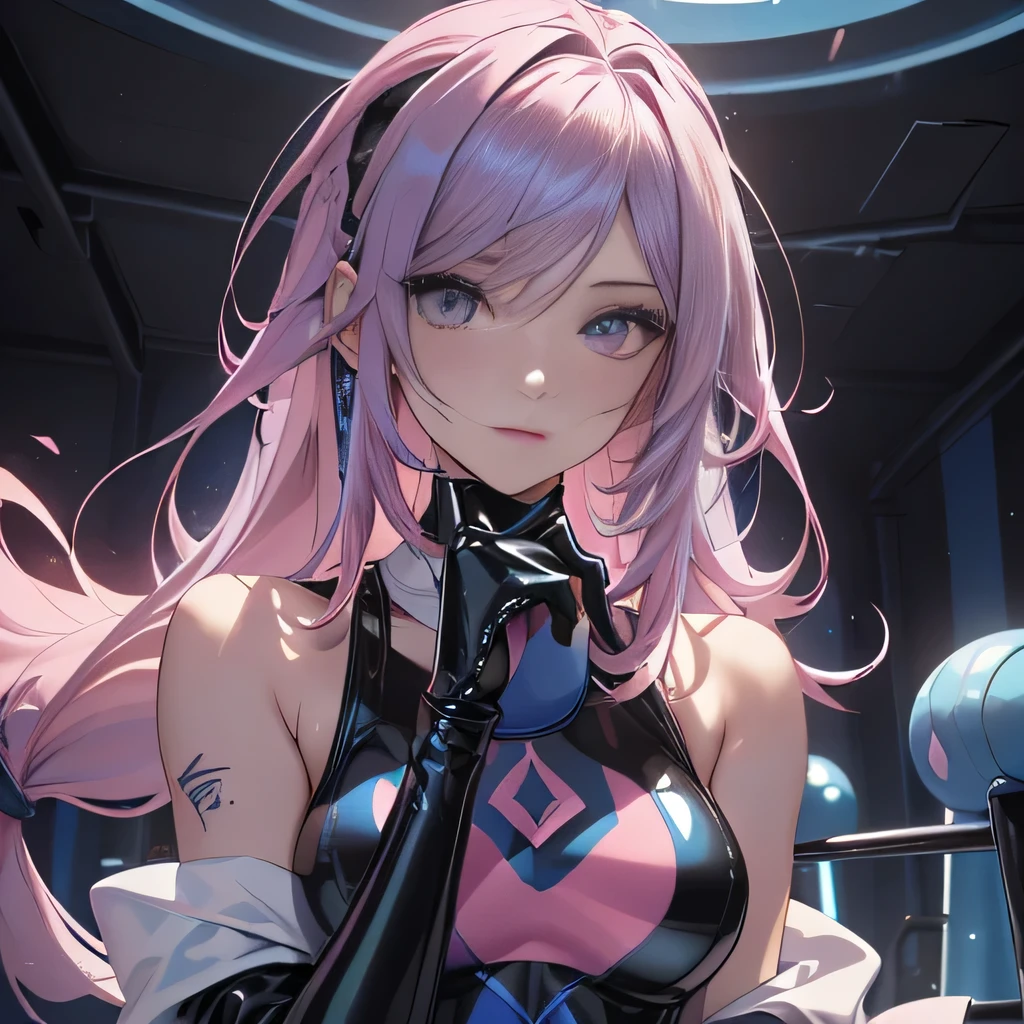 top-quality、Top image quality、masterpiece、girl with((18year old、cyborgs、System Dynamics、Metallic body、Best Bust、Medium bust、Long pink hair、Light blue eyes、Beautiful back、deadpan、Breasts wide open、View back view、Distant camera position))hiquality、Beautiful Art、Background with(A desert、Collapsed buildings、natta、nigh sky、stele々)),masutepiece、Elaborate design、visualart、depth of fields、The best lighting、highestdetailed、low angles