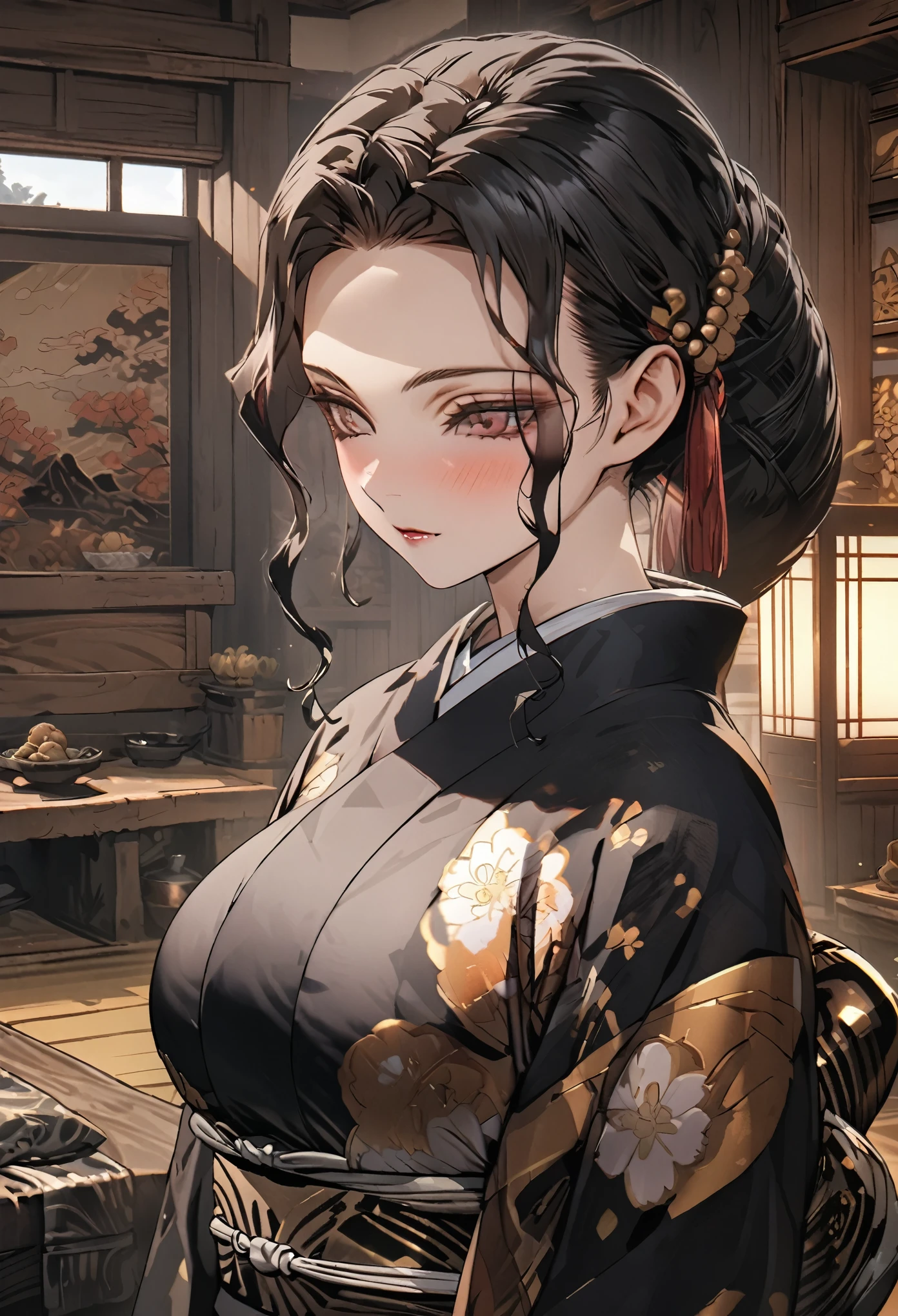 Muzan Kibutsuji, big breasts, Japanese room,HD, 8K, very good quality, masterpiece, perfect and detailed face, detailed background 