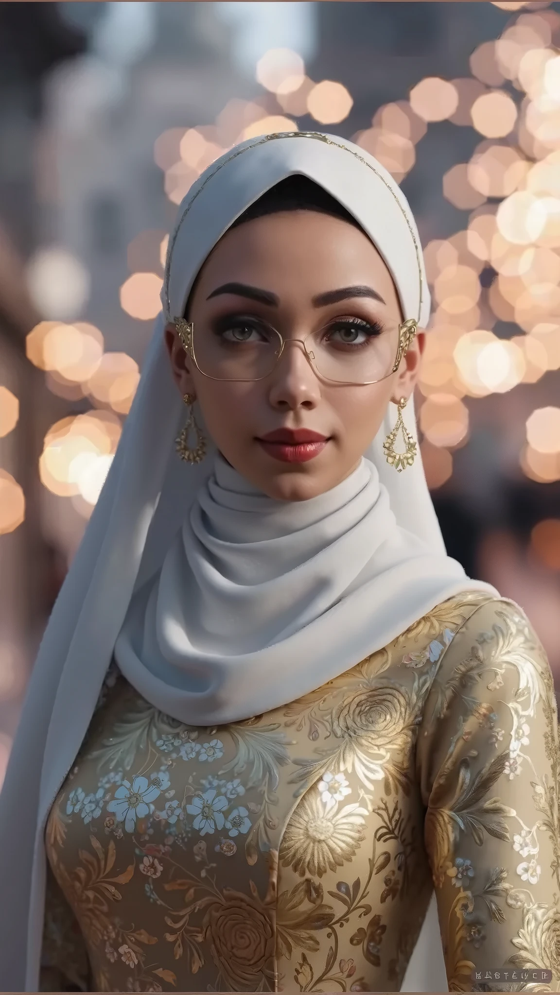 a beautiful young indian woman, detailed intricate saree, thin gold waist chain, large breasts, wearing hijab covering her head, glasses, hyper realistic, cinematic lighting, dramatic shadows, award winning digital art
