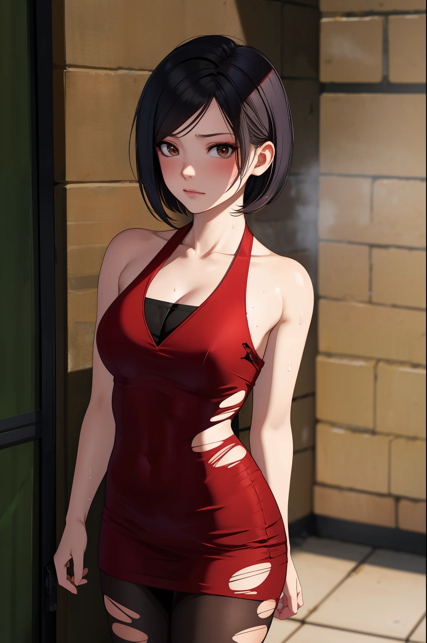 masterpiece, best quality, highres, absurdres, ultra detailed, pretty eyes, semi_realistic 
ada wang,short hair,brown eyes,black hair, red_mini_dress, (pantyhose), (torn_clothing:1.4),  sleeveless, cleavage, 
leaning _against_wall, looking at viewer, standing, cowboy_shot, blushing, embarrassed,  sweat
foggy, night, dark, dim lit, empty_street, creepy
