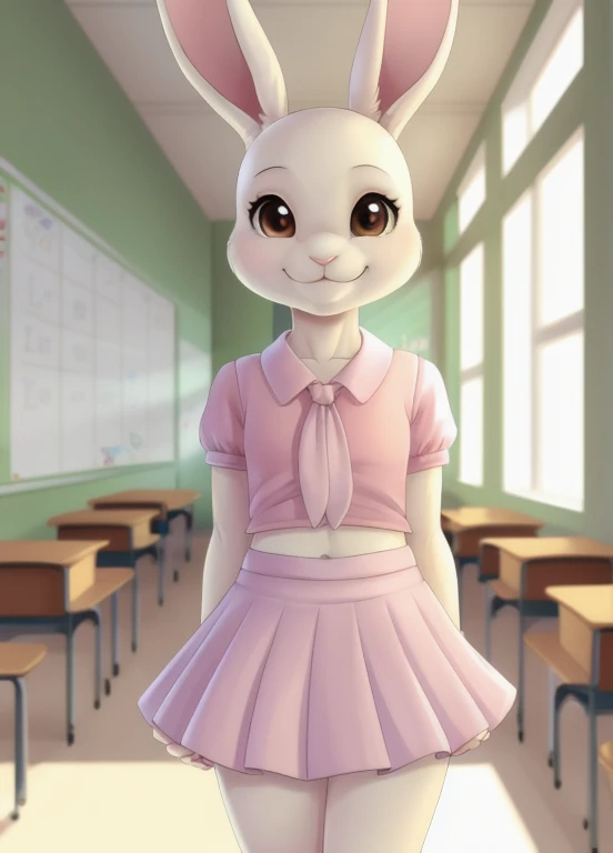 Haru, Bunny Girl, White fur, Brown eyes,child, Pink Uniform, mini skirt,Anthro,The background is school, Alone,View your viewers,smile