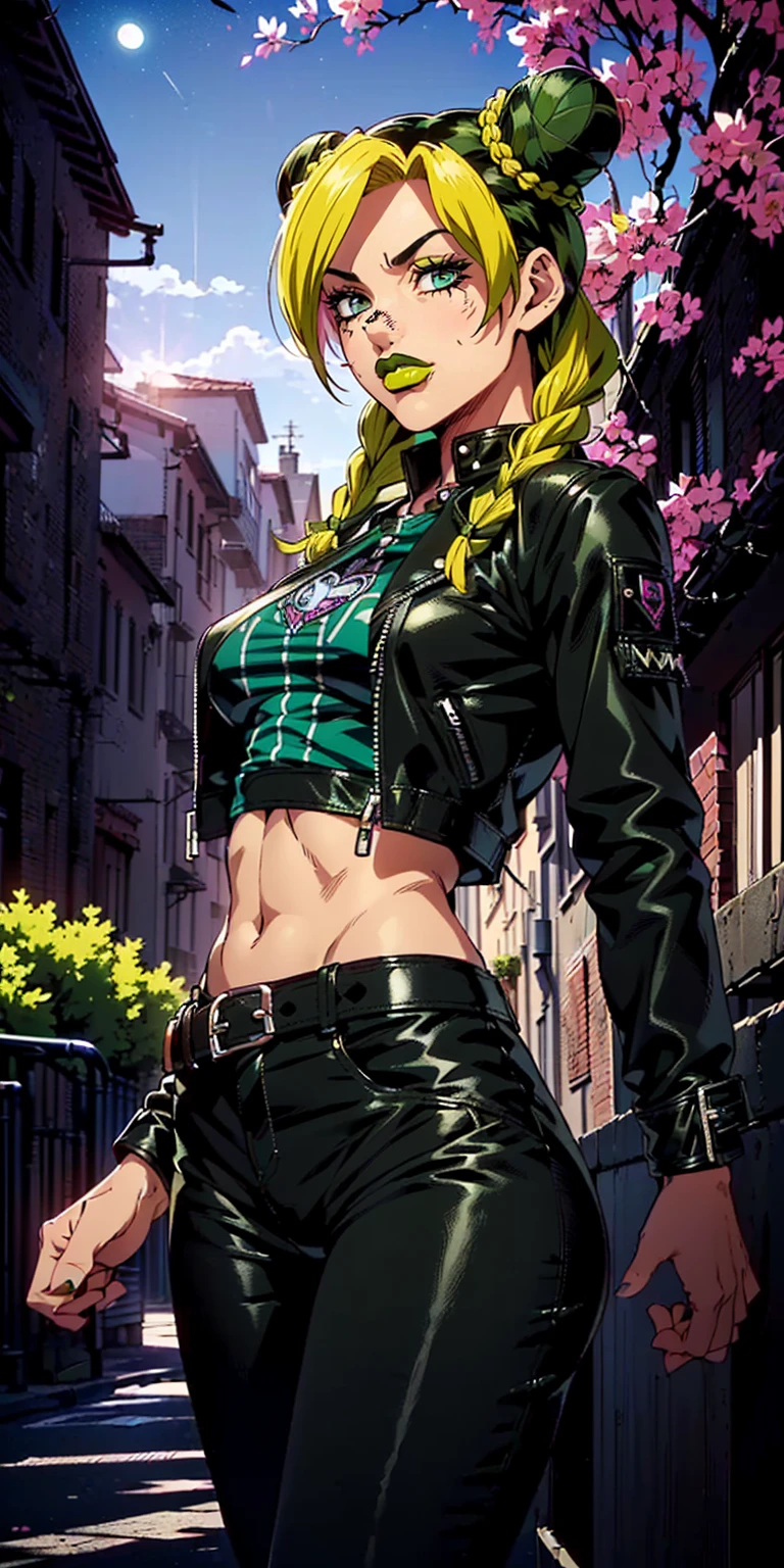 ((Masterpiece, 1girl, solo, alone ((jolyne, Jolyne_Anime, JolynCujoh, colored hair, green hair, yellow hair, hair bun, braided hair, black eyes)), Smug)), ((pink lipstick, Extremely detailed, ambient soft lighting, 4k, perfect eyes, a perfect face, perfect lighting, a 1girl)), ((fitness,, shapely body, athletic body, toned body)), (( biker woman, rocker woman, punk woman, black jacket, leather jacket, gray t-shirt, black pants, leather pants, belt, leather  park, square, trees, buildings, sunny day, smug, night sky, night, smug))