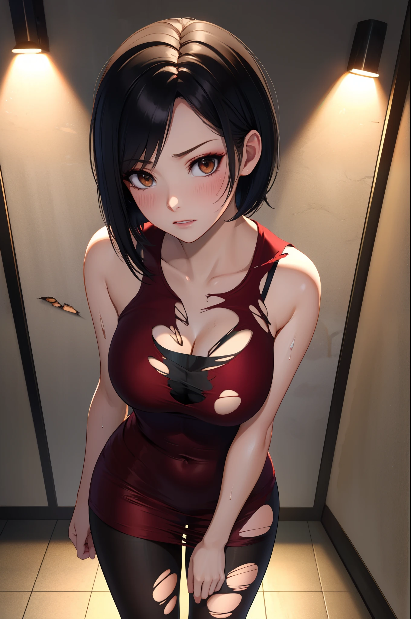 masterpiece, best quality, highres, absurdres, ultra detailed, pretty eyes, semi_realistic 
ada wang,short hair,brown eyes,black hair, red_mini_dress, (pantyhose), (torn_clothing:1.4),  sleeveless, cleavage, 
leaning _against_wall, looking at viewer, standing, cowboy_shot, blushing, embarrassed,  sweat
foggy, night, dark, dim lit, empty_street, creepy
