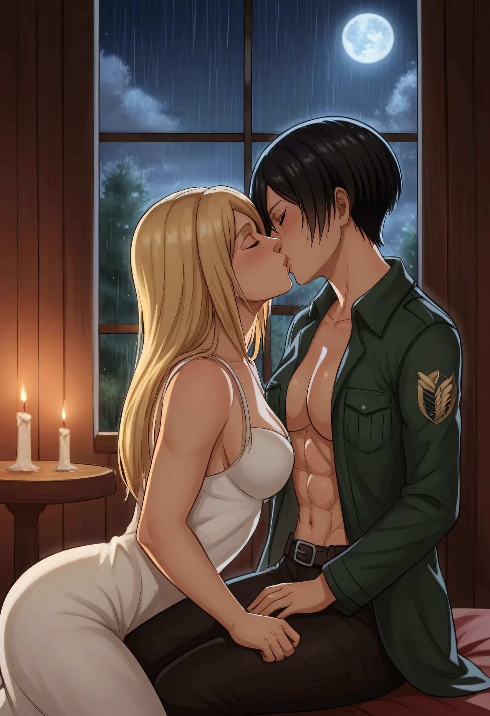 score_9, score_8_up, score_7_up, BREAK source_anime, historia reiss, blue eyes, blonde hair, long hair, medium breasts, long white dress sleeveless,female black hair soldier hugs historia,Mikasa with historia hugs,mikasa wreanig open green jacket and black combat pants,Mikasa female with short hair,mikasa female medium breasts,eyes closed,in night,moon in sky,mikasa final season,mikasa,Mikasa hugs historia،mikasa femboy,mikasa final season,historia blonde hair,hugs and kissing,mikasa carrying historia and kissing her,Mikasa lifts Historia up and kisses her.in middle night,raining outside,mikasa final season,girls kissing,girl×girl,lesbians,yuri,romantic wallpapers,historia sitting on mikasa and kissing her,Mikasa in both hands touch historia ass, raining outside the room,mikasa final season design,character's from season 4,historia enjoyed while kissing mikasa, both,one of Historia hands touch mikasa abs,romantic kissing,mikasa pixie cut hairstyle,Serious love,inside room,dark room,candle light in room,HD WALLPAPER,perfect colors,Shining on character's hair,Shining body's 