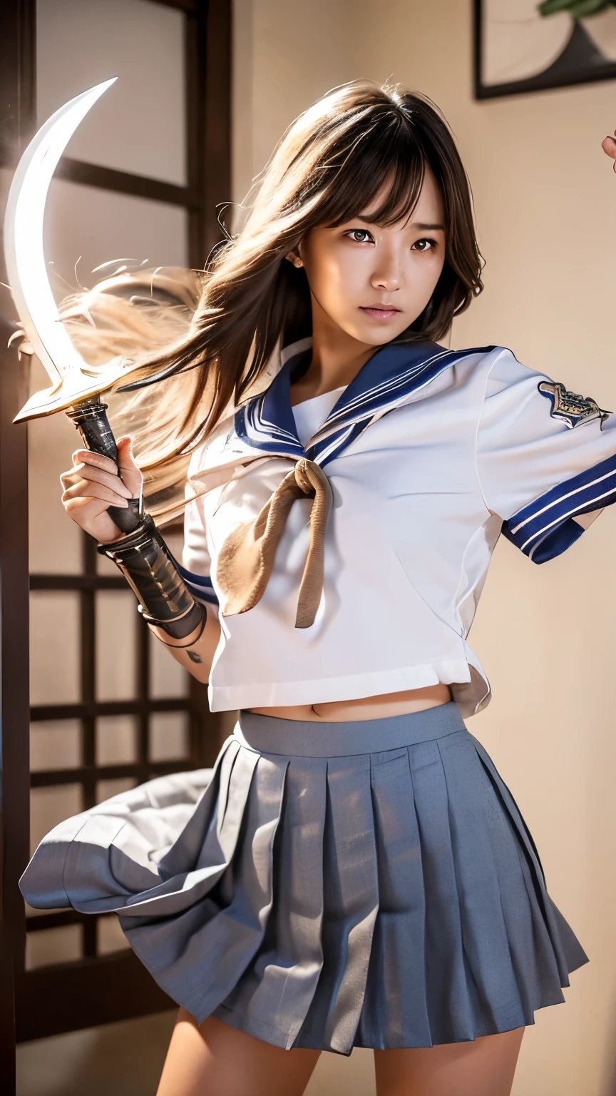 Holding a sword、Ultra-high resolution、((masterpiece)))、(((highest quality)))、((Super detailed))、((Very delicate and beautiful))、Low angle shooting、1 girl、solo、short hair、(whole body)、A tense shot、Visual Impact、Pleated skirt、Realistic Face、Realistic Skin、Cute face,Pure,Combat Stance、Visual Impact,Powerful movement,Sailor suit
