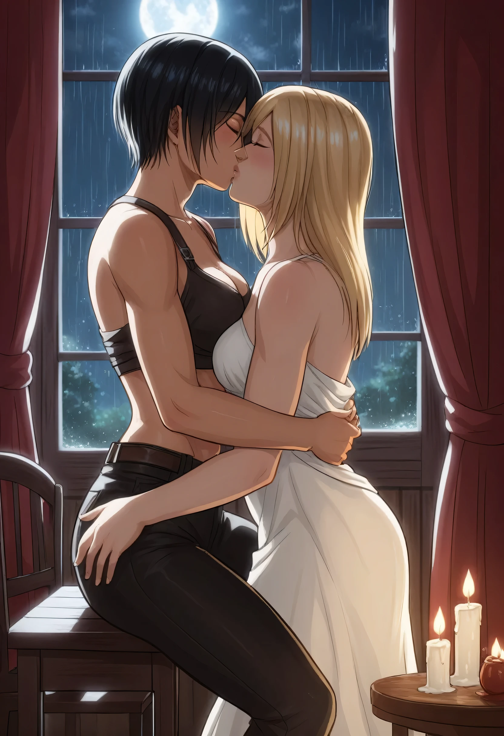 score_9, score_8_up, score_7_up, BREAK source_anime, historia reiss, blue eyes, blonde hair, long hair, medium breasts, long white dress sleeveless,female black hair soldier hugs historia,Mikasa with historia hugs,mikasa wreanig open green jacket and black combat pants,Mikasa female with short hair,mikasa female medium breasts,eyes closed,in night,moon in sky,mikasa final season,mikasa,Mikasa hugs historia،mikasa femboy,mikasa final season,historia blonde hair,hugs and kissing,mikasa carrying historia and kissing her,Mikasa lifts Historia up and kisses her.in middle night,raining outside,mikasa final season,girls kissing,girl×girl,lesbians,yuri,romantic wallpapers,historia sitting on mikasa and kissing her,Mikasa in both hands touch historia ass, raining outside the room,mikasa final season design,character's from season 4,historia enjoyed while kissing mikasa, both,one of Historia hands touch mikasa abs,romantic kissing,mikasa pixie cut hairstyle,Serious love,inside room,dark room,candle light in room,HD WALLPAPER,perfect colors,Shining on character's hair,Shining body's