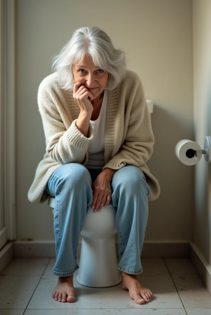 A busty naked grandmother with gray hair screaming in terror in the shower