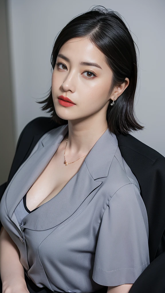 Japanese women, Detailed face, Red lipstick, Captivating look, From the chest up, Please redeem, Very detailed, Perfect Anatomy, Wearing a black suit, Short sleeve, Straight hair, , Mature, sexy,Well-shaped D-cup breasts, Clevis, Office, (Looking at the camera), (From above)