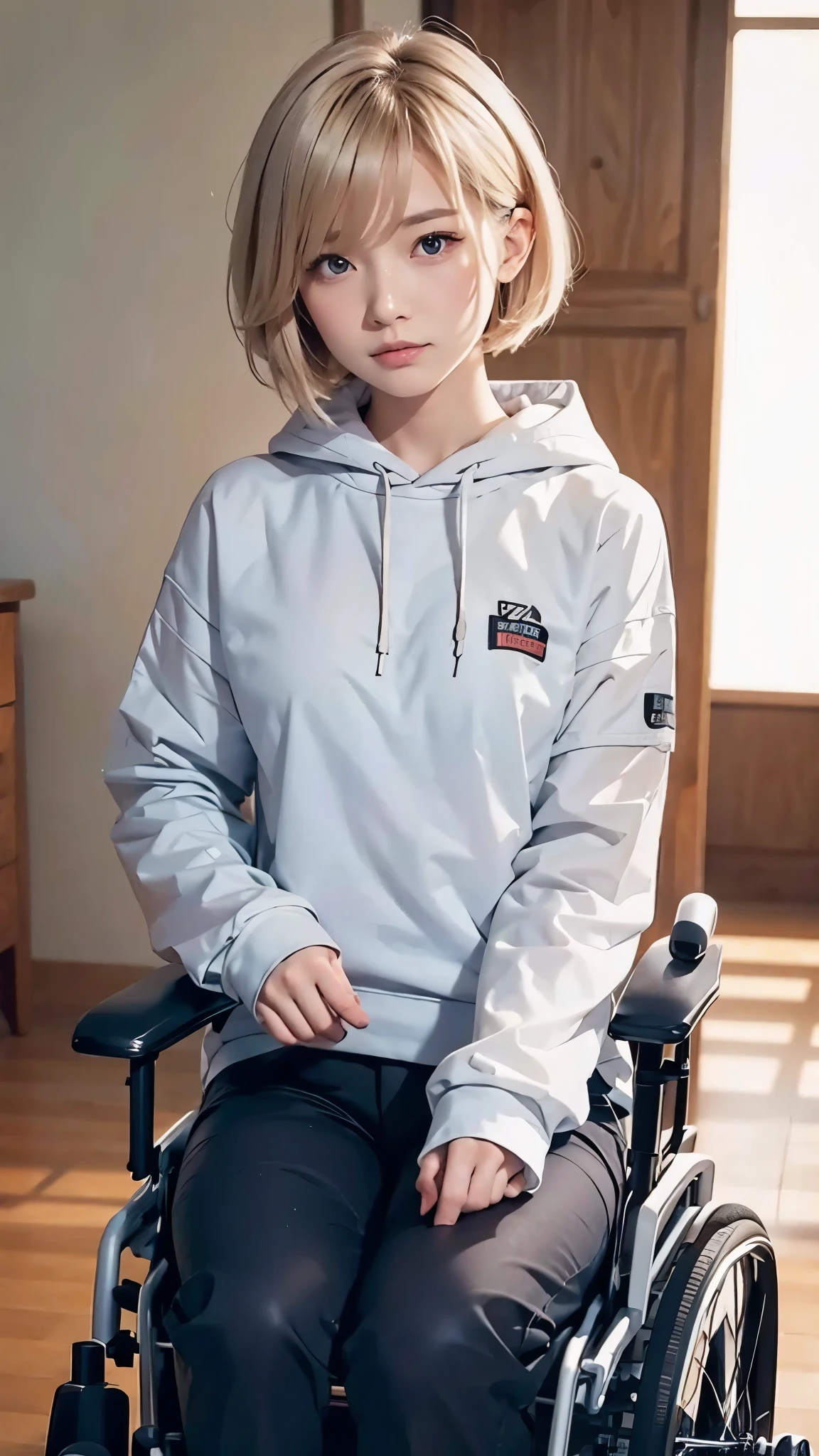 anime style, 20 years old Japanese woman, short blonde hair, black eyes, sharp gaze, slim build, determined expression, 160cm tall, wearing casual clothes (long-sleeved shirt or hoodie, stretch pants), using a modern compact electric wheelchair, leg braces visible, wrist supports, rehabilitation setting, subtle sadness in eyes, inner strength, (high quality, detailed facial features, soft lighting):1.2, (vibrant colors, clear lines):1.1