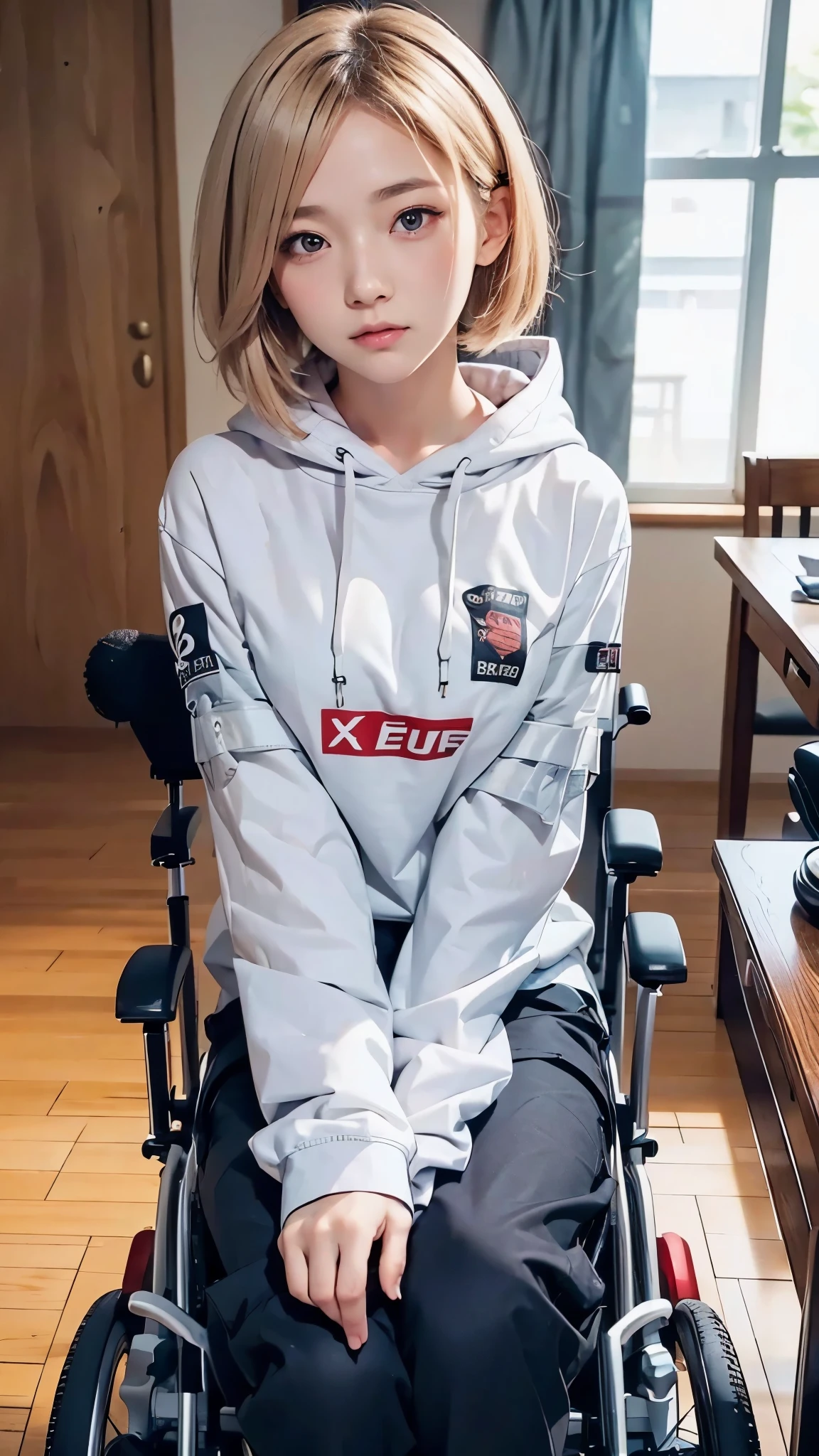 anime style, 20 years old Japanese woman, short blonde hair, black eyes, sharp gaze, slim build, determined expression, 160cm tall, wearing casual clothes (long-sleeved shirt or hoodie, stretch pants), using a modern compact electric wheelchair, leg braces visible, wrist supports, rehabilitation setting, subtle sadness in eyes, inner strength, (high quality, detailed facial features, soft lighting):1.2, (vibrant colors, clear lines):1.1