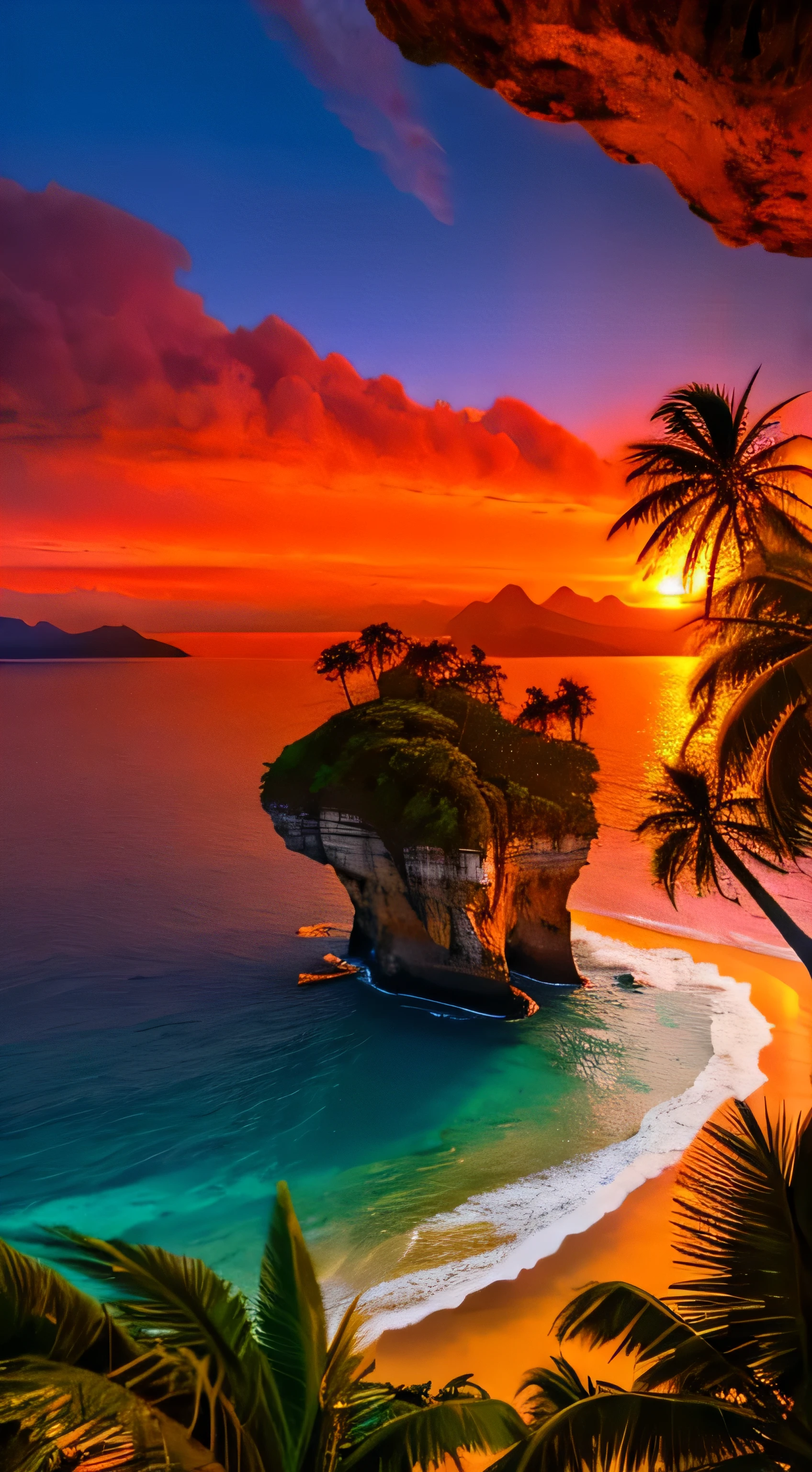 Overlooking a lush tropical island, Gentle waves on the beach, Palm trees, Dense rainforest in the hills. Dramatic orange sunset.
High Contrast, High saturation, Very detailed, High image quality, masterpiece, Volumetric Light, light, Vibrant colors, Depth of written boundary.