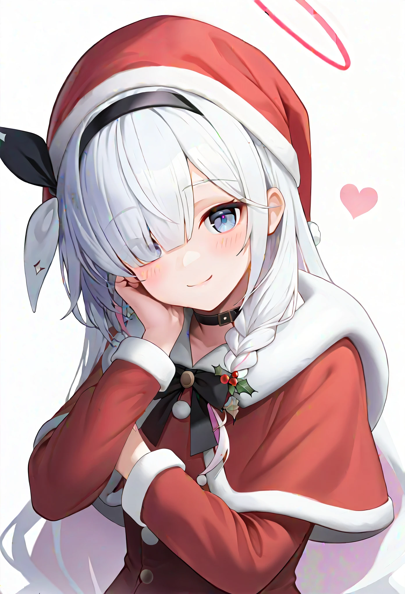 score_9,score_8_up,score_7_up,1girl, solo, upper_body, blush, smile, black_hairband, absurdres, highres, red_dress, white_ribbon, commentary_request, white_background, hair_over_one_eye, closed_mouth, santa_hat, red_headwear, tilted_headwear, korean_commentary, simple_background, santa_costume, fur-trimmed_dress, hair_ribbon, black_collar, plana_\(blue_archive\), looking_at_viewer