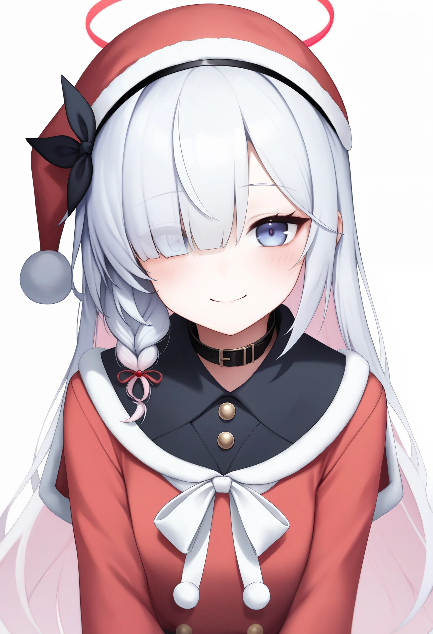 score_9,score_8_up,score_7_up,1girl, solo, upper_body, blush, smile, black_hairband, absurdres, highres, red_dress, white_ribbon, commentary_request, white_background, hair_over_one_eye, closed_mouth, santa_hat, red_headwear, tilted_headwear, korean_commentary, simple_background, santa_costume, fur-trimmed_dress, hair_ribbon, black_collar, plana_\(blue_archive\), looking_at_viewer