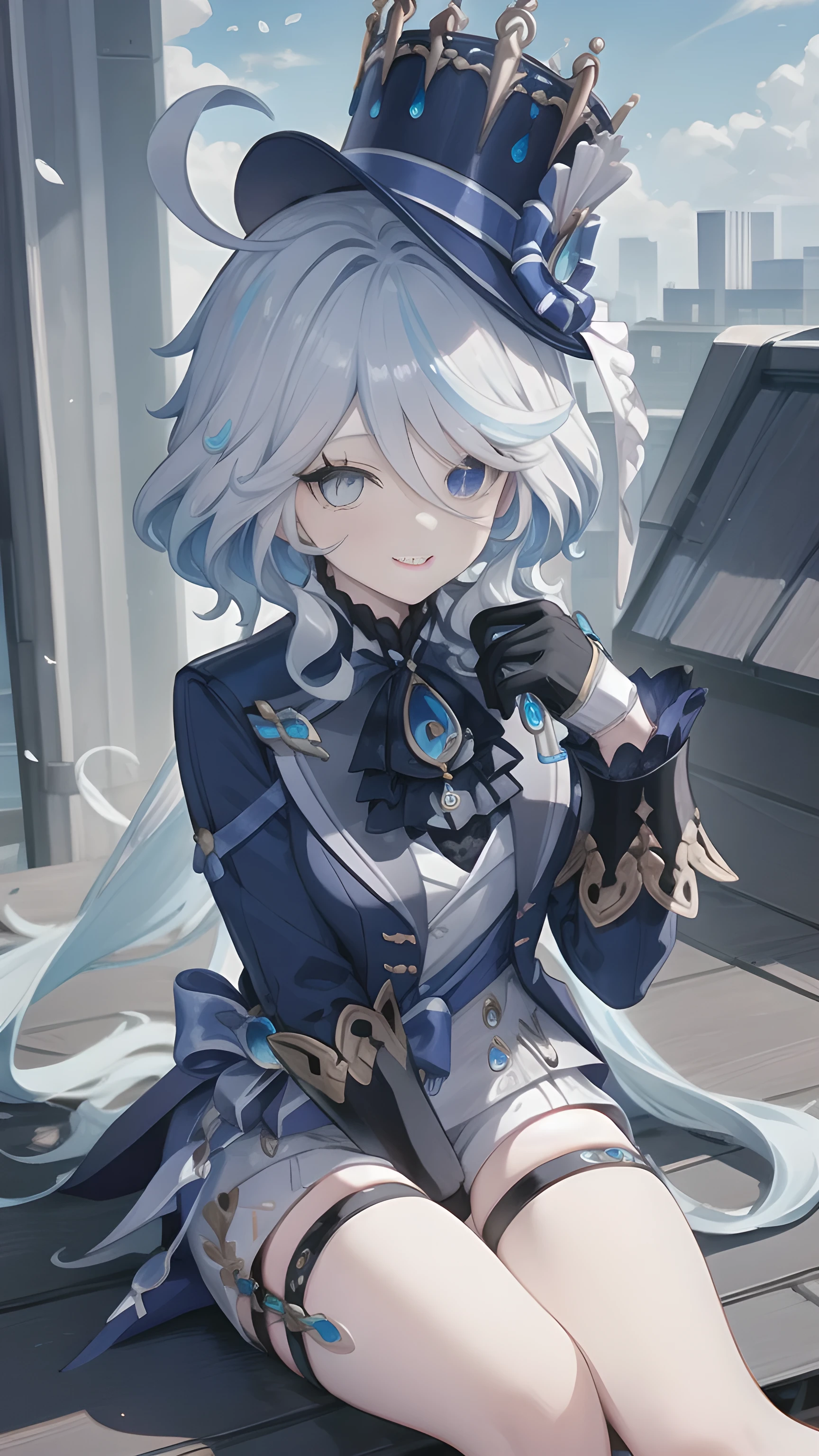 ((masterpiece,Best quality)), A girl, Solitary, Frina, Heterochromia, Blue Hat, Gloves, Sitting on the roof, Smile, Shut up,