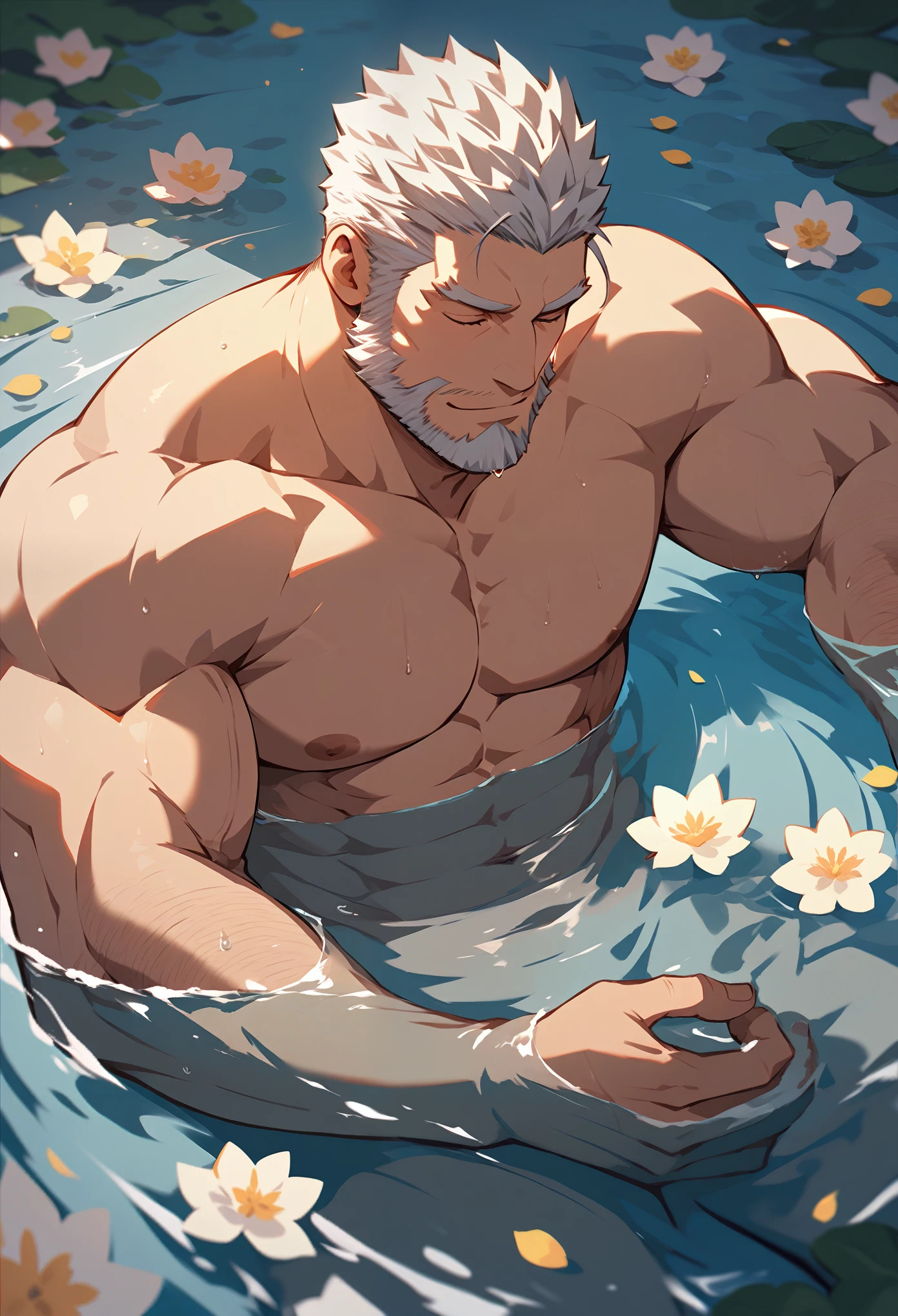 Best quality, masterpiece,ultra high res,detailed background,realistic,in the Water,from above,closed eyes,1man,solo,male,muscular,mature male,short facial hair,beard,buzz cut,lying,lotus,candle,water,real shadow and light,depth of field