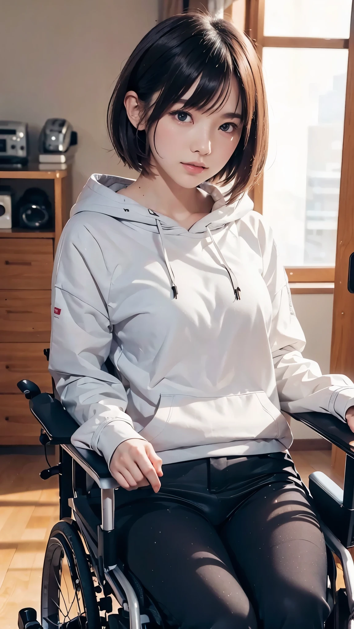 anime style, 20 years old Japanese woman, short blonde hair, black eyes, sharp gaze, slim build, determined expression, 160cm tall, wearing casual clothes (long-sleeved shirt or hoodie, stretch pants), using a modern compact electric wheelchair, leg braces visible, wrist supports, rehabilitation setting, subtle sadness in eyes, inner strength, (high quality, detailed facial features, soft lighting):1.2, (vibrant colors, clear lines):1.1