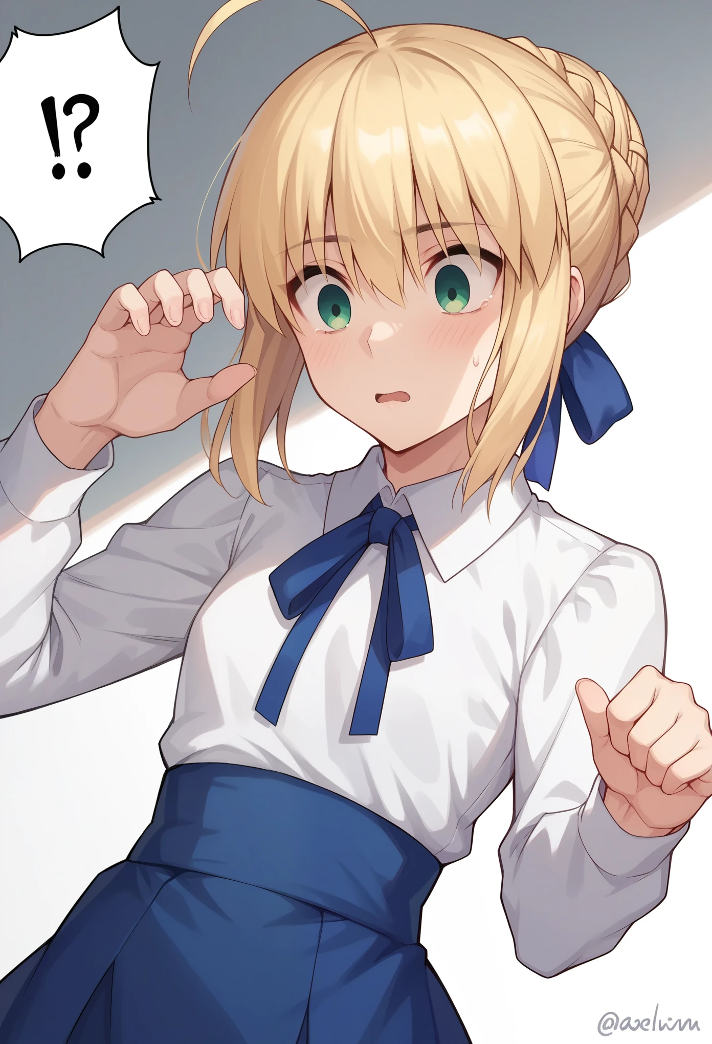 score_9,score_8_up,score_7_up, 1girl, solo, flat chest, character: artoria_pendragon_(fate), character: saber_(fate), green_eyes, hair_between_eyes, blonde_hair, short_hair, single_hair_bun, ahoge, braid, braided_bun, hair_bun, hair_ribbon, sidelocks, shirt, white_shirt, blue_ribbon, long_sleeves, ribbon,blue_skirt, (black pantyhoses), shocking, shocked face, stiff hands, standing, looking down, indoor, bedroom
