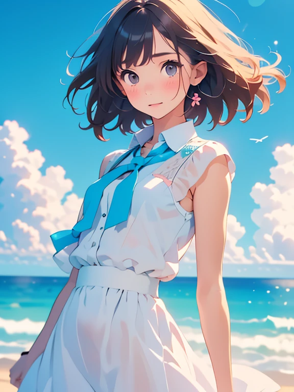 Cute girl drawn in pastel colors, Summer clothes around her, Dancing in the Wind, High quality drawings.