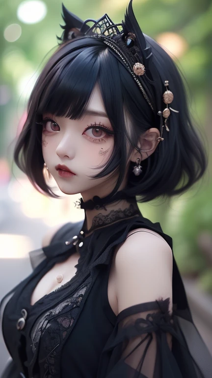 masterpiece, best quality, ultra-detailed, 8K, detailed light, detailed shadow, RAW, (detailed skin),(realistic:1.2), Volumetric Lighting, Best Shadows, Shallow Depth of Field, face focus, 1 girl, face, 18 year old, Portrait Of Stunningly Beautiful Girl, Delicate Beautiful Attractive Face With Alluring Eyes, fine detailed eyes, Broadly Smiling, Open Mouth, Fangs Out, Lovely huge Breasts, Blush Eyeshadow, blue hair, ((Medium short hair)), ((messy Hair)), (Short hair), (((Unkempt hair))), ((big sized short twin tails)), ((diagonal bangs, blunt bangs, slant bangs, straight bangs)), ((Yellow eyes, yellow color contact lens, slant eyes)), ((thick eyebrows)), fangs, (((Spiteful smile, smirk, fangs))), ((wearing black short sleeve shirt)), spike choker, huge breasts, facial piercings, lots of earrings, tattoos, highly detailed fine art, (finely detailed beautiful eyes and detailed face), delicate depiction of facial features, detailed metal jewelry, (Highest Quality, Amazing Details:1.25), (Solo:1.3), Masterpiece, high quality, Brilliant Colorful Paintings
