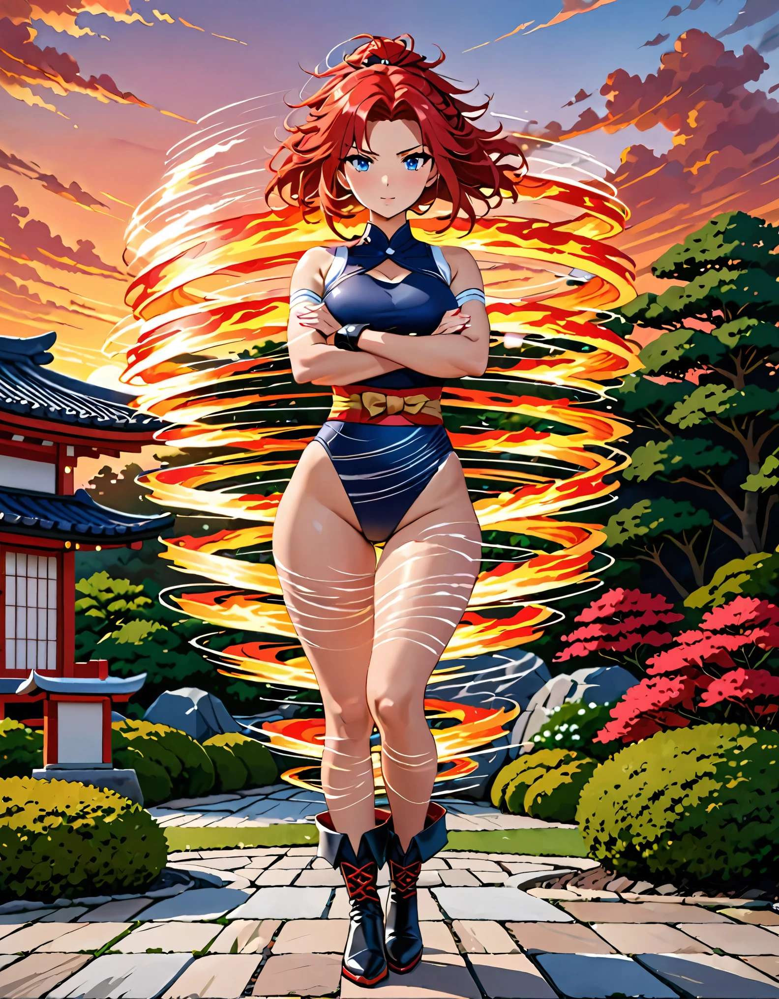 (masterpiece), (best quality), (high res), highly detailed, professional, 8k, 1woman, solo, solo focus, adult, cute and attractive woman, kunoichi, leotard, bare legs, ankle boots, red hair, dark blue eyes, Japanese Garden backdrop, sunset, cowboy shot, full body with costume. crossed arms, (spins fast in place like a tornado:1.2), flame tornado, (spiral lines around her, speed lines around her:1.2).