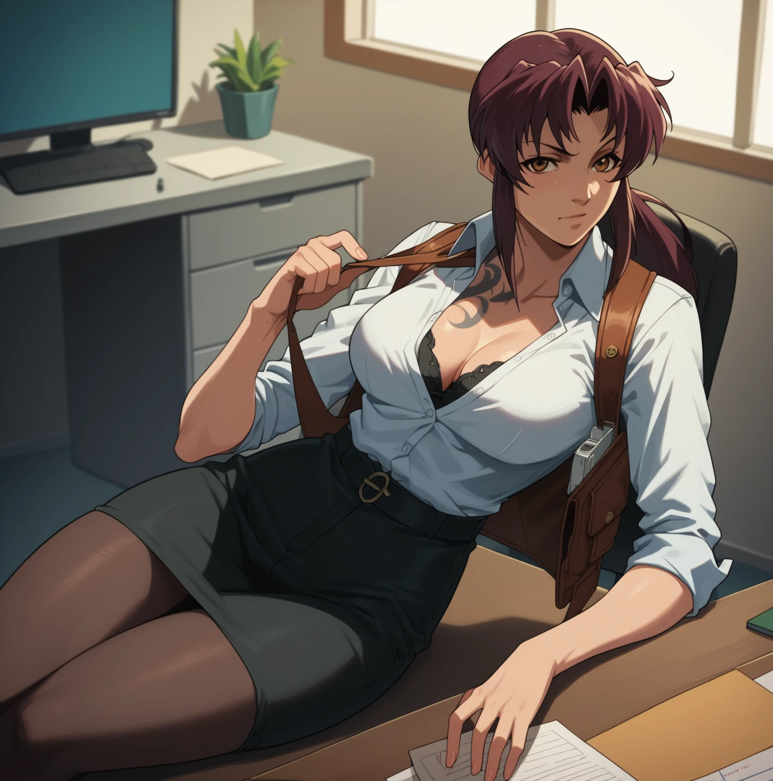 Revy, 1girl, solo, office lady, white shirt, unbottoned, leather vest
Looking at viewer, High Resolution, 