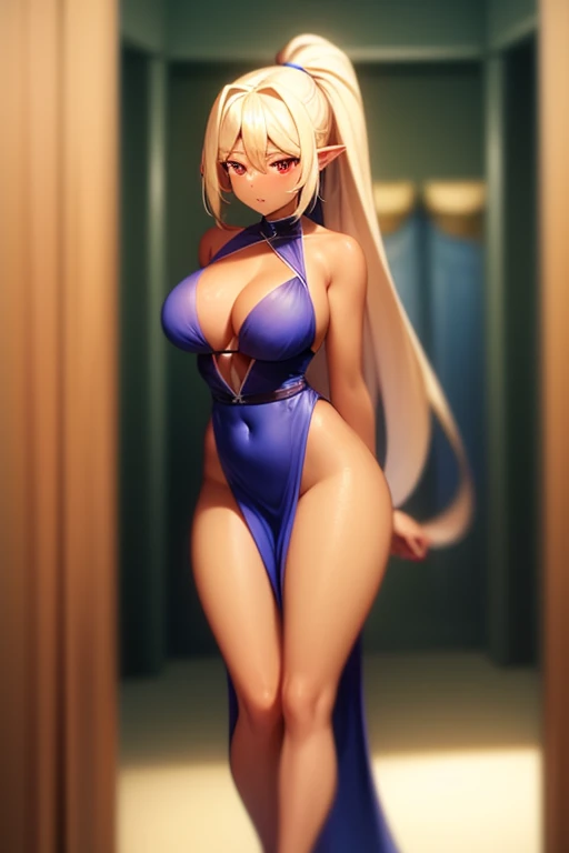 Tan skin, blonde hair, wearing blue nightgown, small waist, thighs, long ponytail, large breasts, red eyes