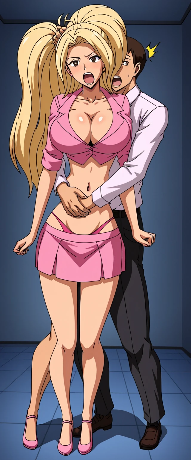 Blonde hair, navel, pink crop top, collarbone, midriff, cleavage, large breasts, underwear, long hair, looking at viewer, screaming, brown eyes ,masterpiece, best quality, room, big breasts, cleavage, full body, pink skirt, standing, shoes, hug from behind by man wearing business suit, struggling
, breasts popping out, hair pulled 