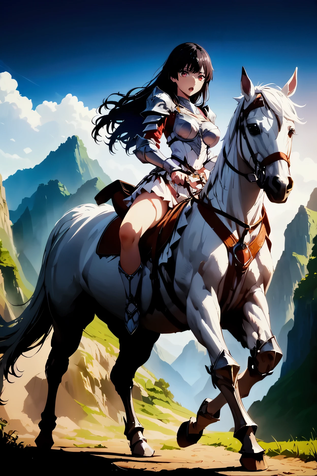 ((best quality)), ((anime masterpiece)), (high detailed), 8k, cinematic lighting, perfect face, a young female knight riding a HORSE, holding long sword, one hand holding horse rein, horse reared up, looking at the ground, open mouth, (kjosakuya, red eyes, hime cut, long hair, {black hair}, medium breast), (white armor, silver pauldron, white miniskirt, bare legs silver armored boors), horse, (white horse:1.2, {white mane}, white tail, saddle, reins, bridle, stirrups), from side:1.2, FULL BODY, on the mountainside, solo, medieval fantasy settings, from side: 1.2, anatomically correct,