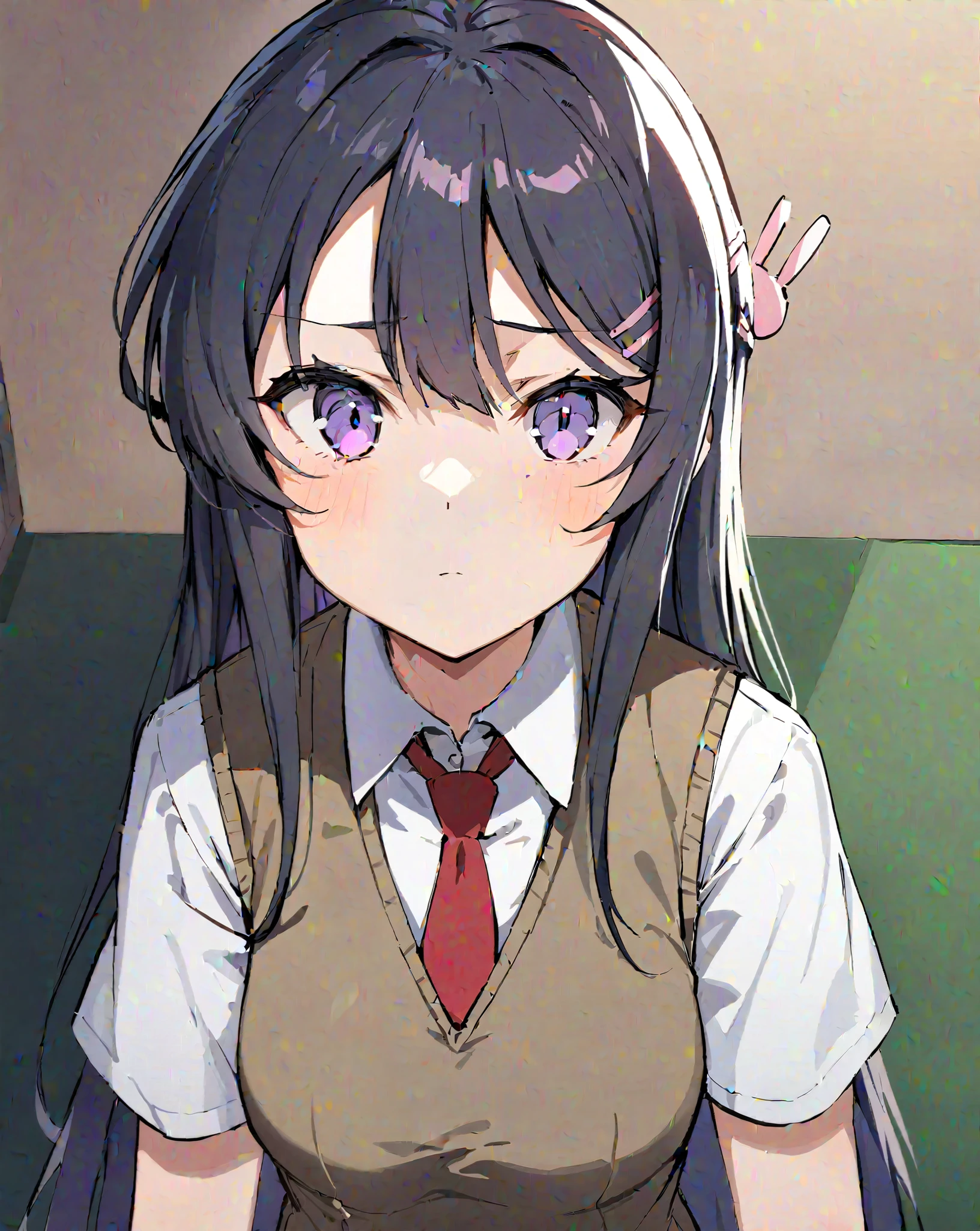 girl, 2d, anime school outfit, dark skin, 2 ponytails, purple eyes