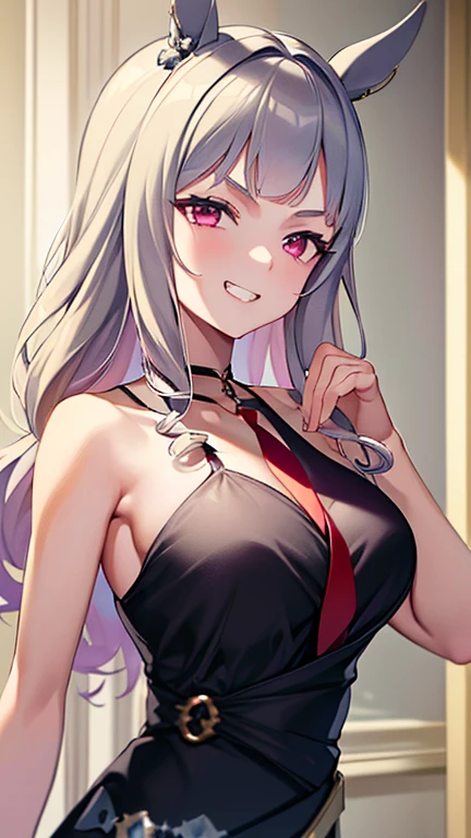 (masterpiece, best quality, very aesthetic, ultra detailed), intricate details,
1girl, kitagawa marin, sono bisque doll wa koi wo suru, blonde hair, red eyes, ear piercing, barbell piercing, black choker, collared shirt, white shirt, earrings, blue necktie, grin, arm up, v, looking at viewer, upper body,