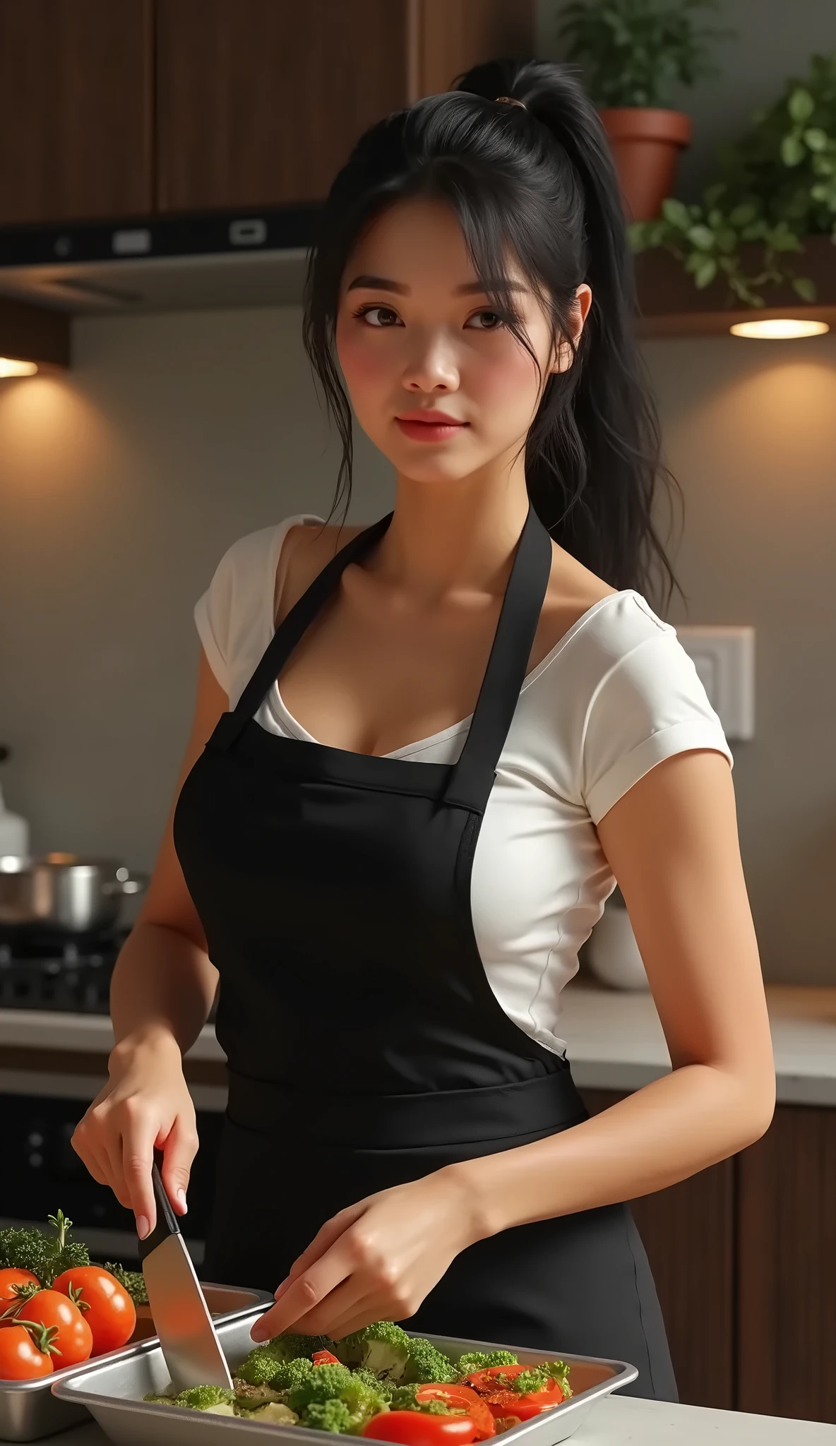 Wearing a naked apron、Woman cooking meal in kitchen、(apron on naked、Black and white apron、Modern aprons)、(hair in bun、curlyhair、A dark-haired)、medium shot、A smile、Happy face、Small breasts、(covered-nipples)、Slender figure、realisitic、Hphotorealistic:1.37、masterpiece、beste-Qualit、mgs、super-detaild skin、Highly detailed face、Highly detailed eyes、Beautiful, delicate and detailed clothes、highres photograph、Professional Light、Cinematographic lighting、facing the back、