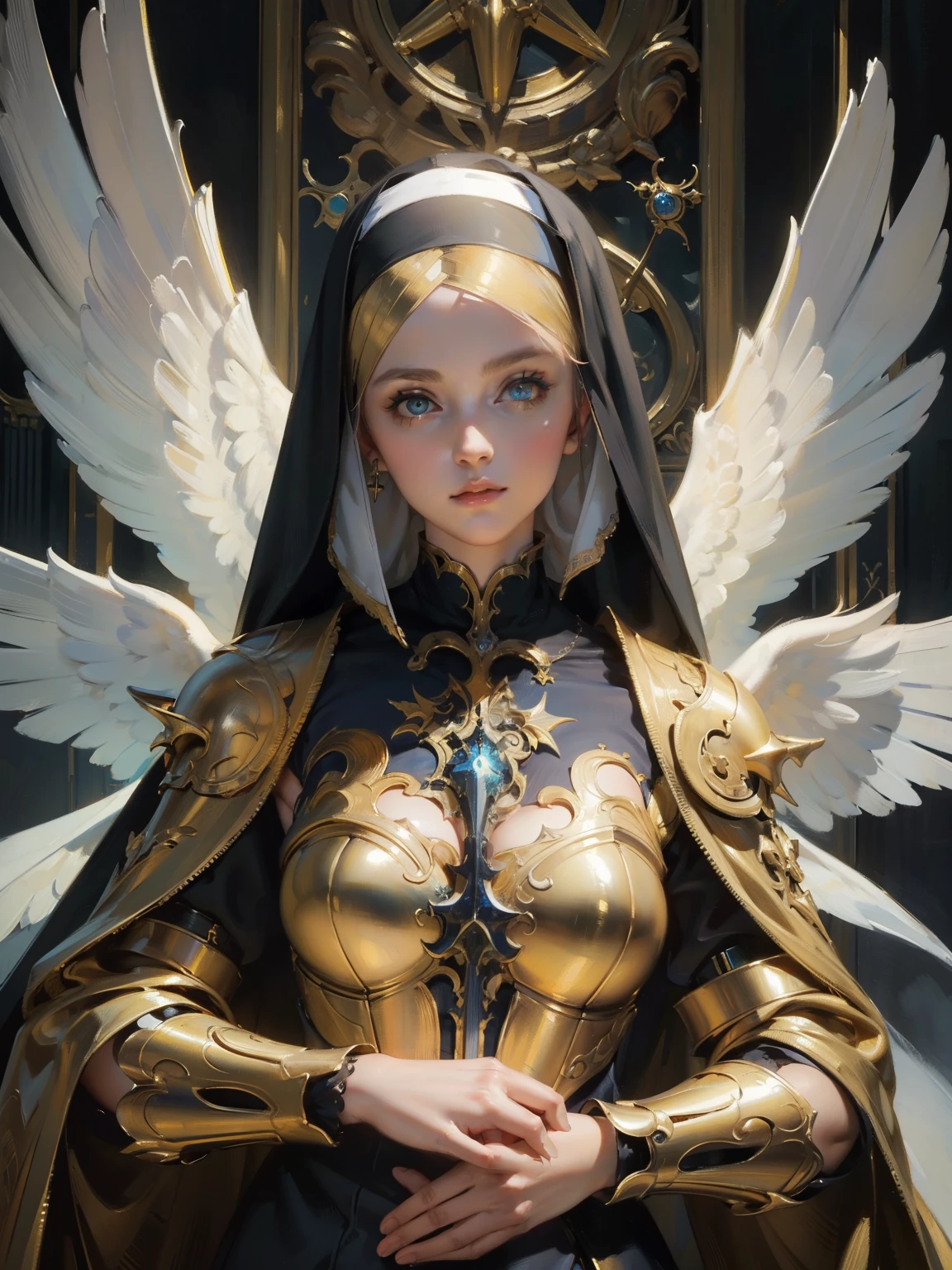 ((raw photo)), ((masterpiece)), anthropomorphic humanoid AngelGirl wearing nun's armor, intricate detail, futobot, intricate Greebles pieces, sea behind, yellow wings, beautiful, detailed eyes and lips