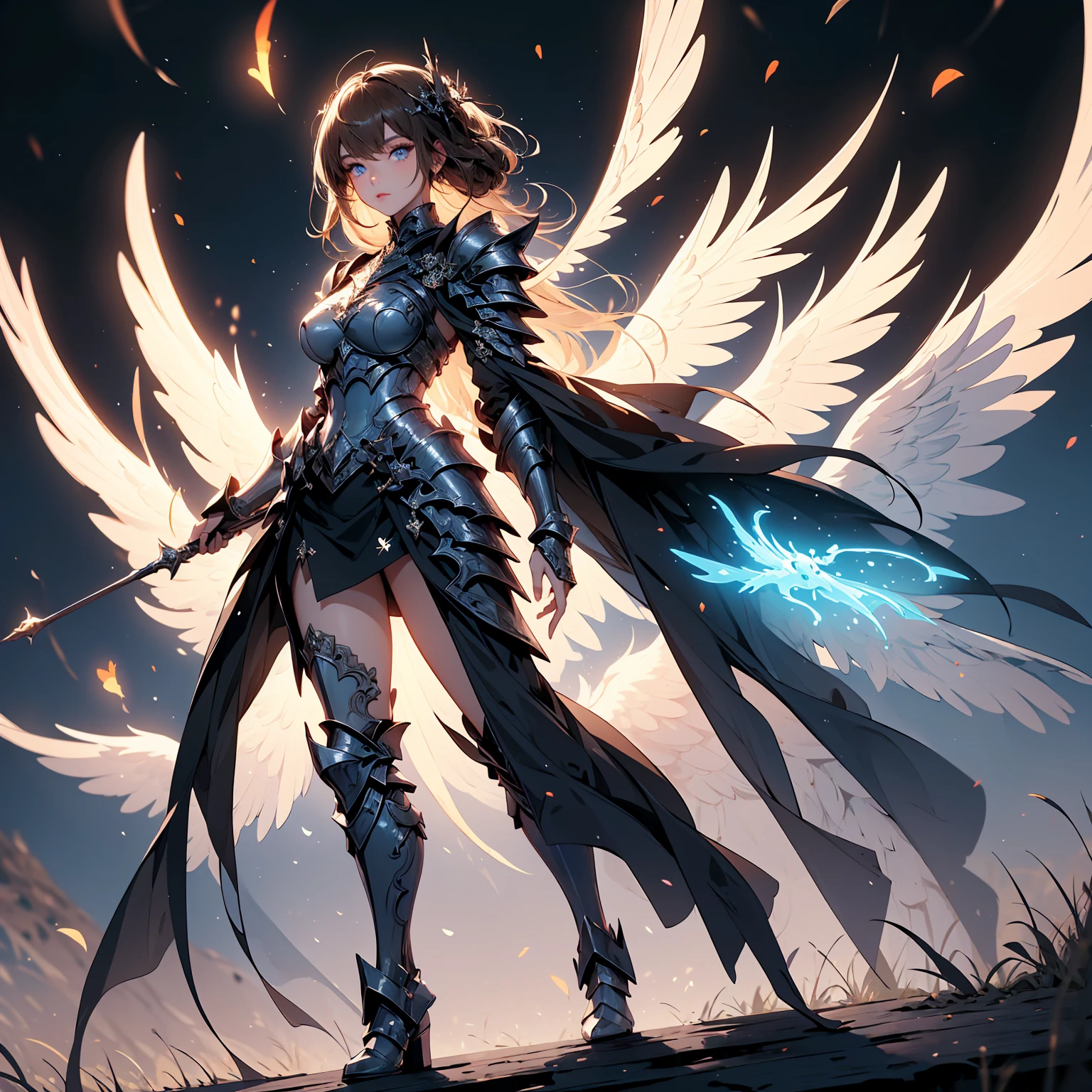 (((masterpiece))) (((highest quality))) (((8k resolution))) Queen in power armor, (gothic style), (full body shot 1.2), bellybutton, The most beautiful and sexy angel goddess, with long light brown hair, and glowing blue eyes, wearing intricate white gothic battle armor, angel wings, standing majestically in front of a gothic castle. ((perfect illumination)), a radiant glowing aura surrounds her, highlighting her divine presence and ethereal beauty, as she stands ready to defend her realm. The intricate details of her armor shimmer under the moonlight, and her angelic wings spread wide, casting an awe-inspiring shadow. Her glowing blue eyes exude both kindness and immense power, making her the epitome of grace and strength.