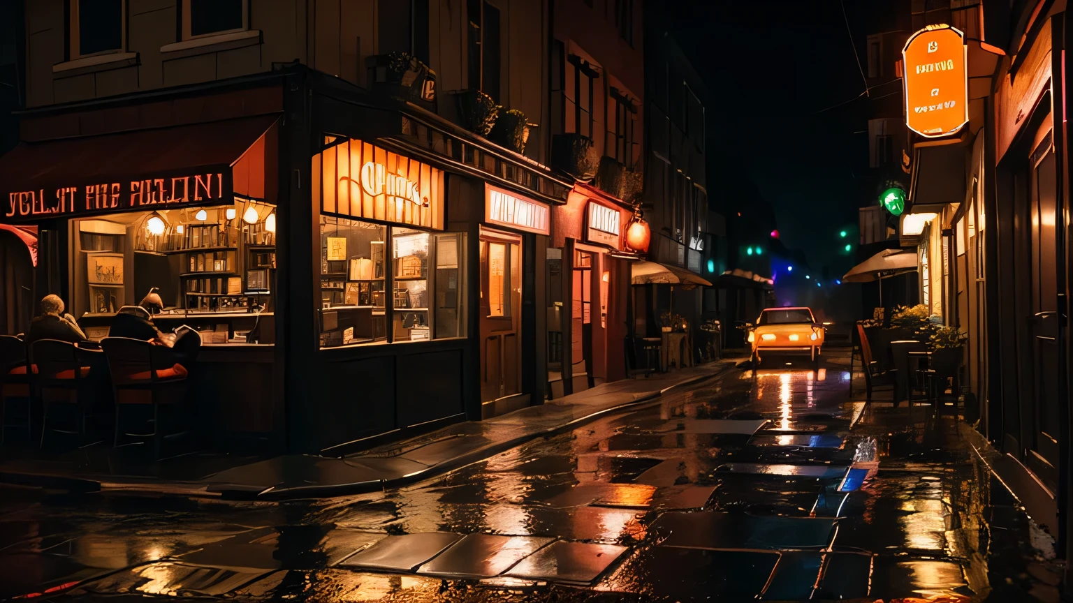 A cozy jazz club on a rainy city street at night, with a neon sign that reads 'Jazz Club' glowing warmly in orange and red hues. The exterior features large windows with a view inside the dimly lit bar, where glasses hang over the counter and shelves of bottles are visible. Small round tables are placed outside on the wet cobblestone sidewalk, reflecting the streetlights and neon glow. The overall atmosphere is moody and nostalgic, with a soft drizzle adding to the intimate, relaxed vibe."  