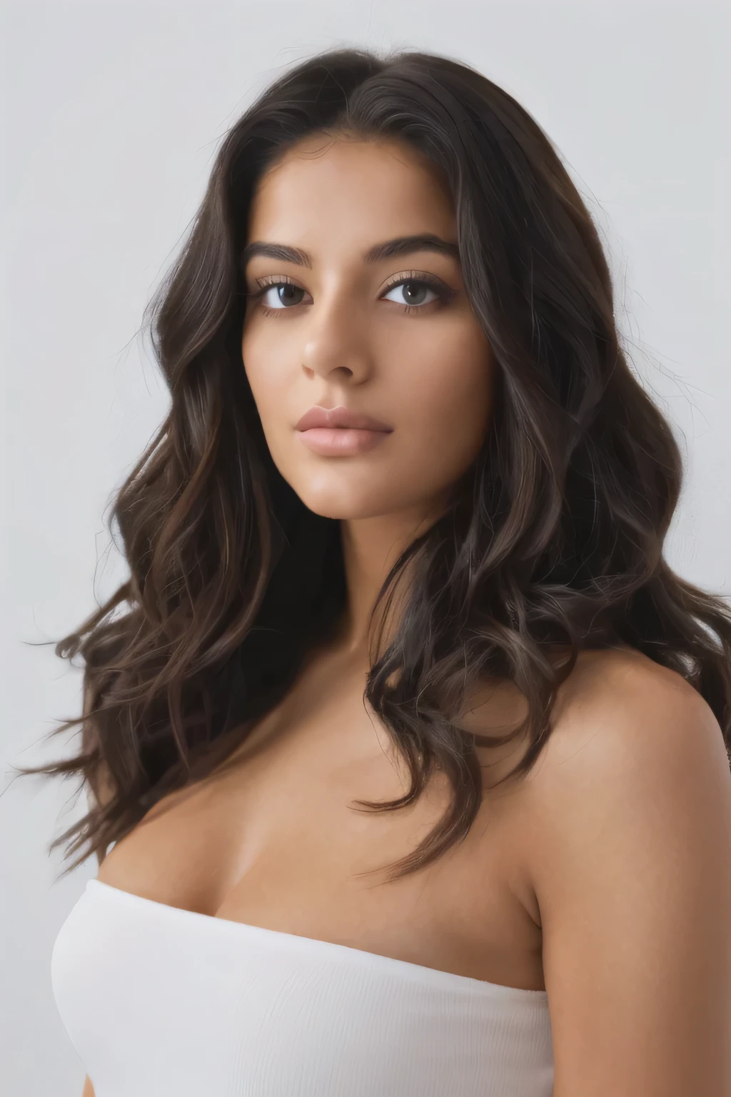 8k, Melhor qualidade, mesa, realista, O ultra-detalhado, fotografia realista, Um hiper-realista, softer lighting, increase the quality of cinematic lighting, photorealistic lighting, Back lighting, luz brilhante, Aumentar a qualidade, Peles com textura real de alta qualidade, fechar-se, delgado, rosto fofo, olhos lindos e detalhados, camila queiroz, atriz brasileira, 19 anos, cabelo marrom comprido, em um quarto minimalista com roupa fitness calvin klein,pose provocativa