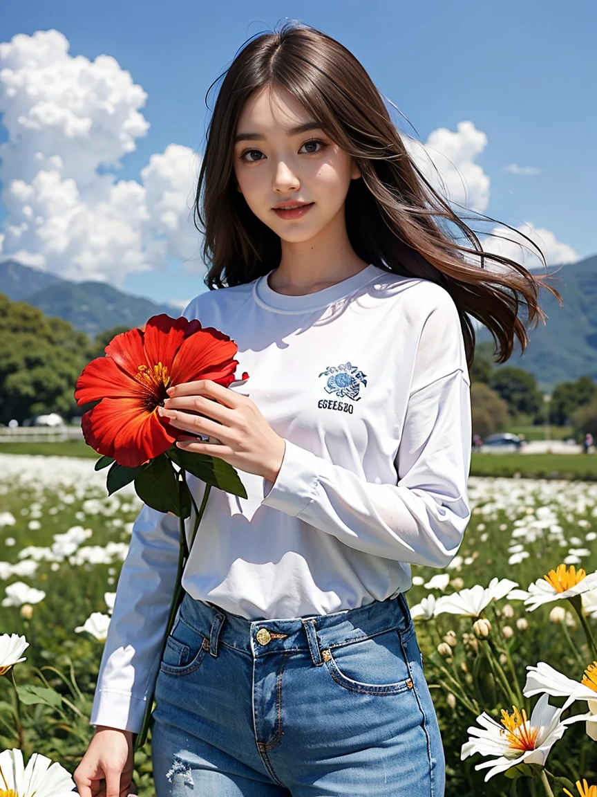 Cosmos。Hibiscus。A flower field filled with blooming spider lilies。Beautiful woman in a white long sleeve shirt and blue denim pants。holding a bouquet。smile。