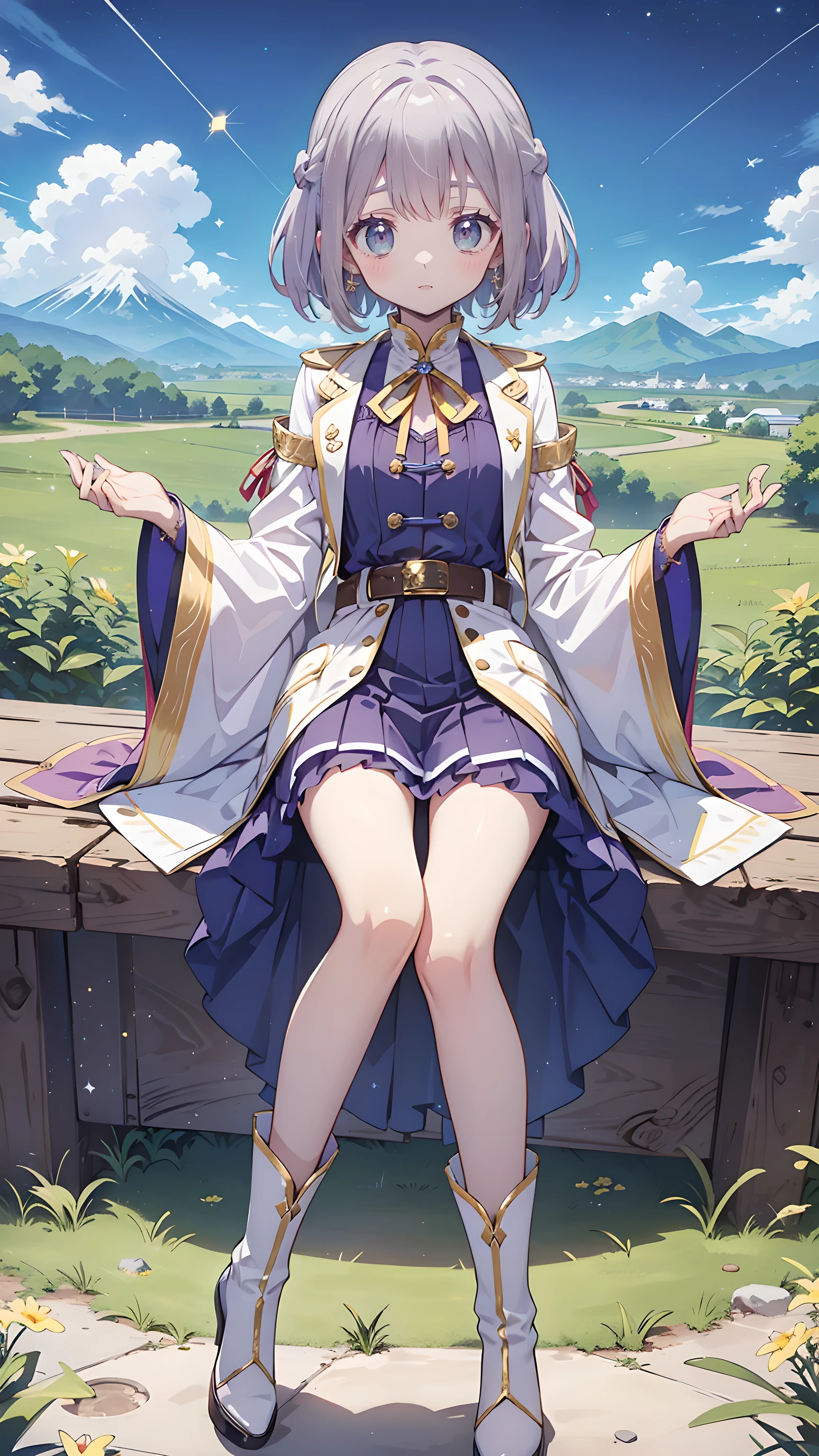 Purple high boots,Lilac ruffles at toe and heel, Indigo blue sole. White ruffles at cuffs.、It has gold thread, There is a belt with gold buttons on the outside.. The boots are decorated with pastel stars. White socks have a purple stripe a few inches from the top. shine; Sparkling、Ultra-high resolution and ultra-high quality、Japanese cartoons、Zoom in Zoom in 、Smile、fantasy、Magical Taoist、The texture of the clothes is very high quality, Realistic texture of materials, Luxurious adventurer costume, Dazzling Jewels, Silver decoration, Palladium, Brown leather gloves, Thigh-length skirt, joy, Beautiful girl with nice body, Lilac hair, Eye Enhancement, Navy purple eyes, Upper body, Break, Blue sky, Distant Mountains, There are no buildings on the grassland