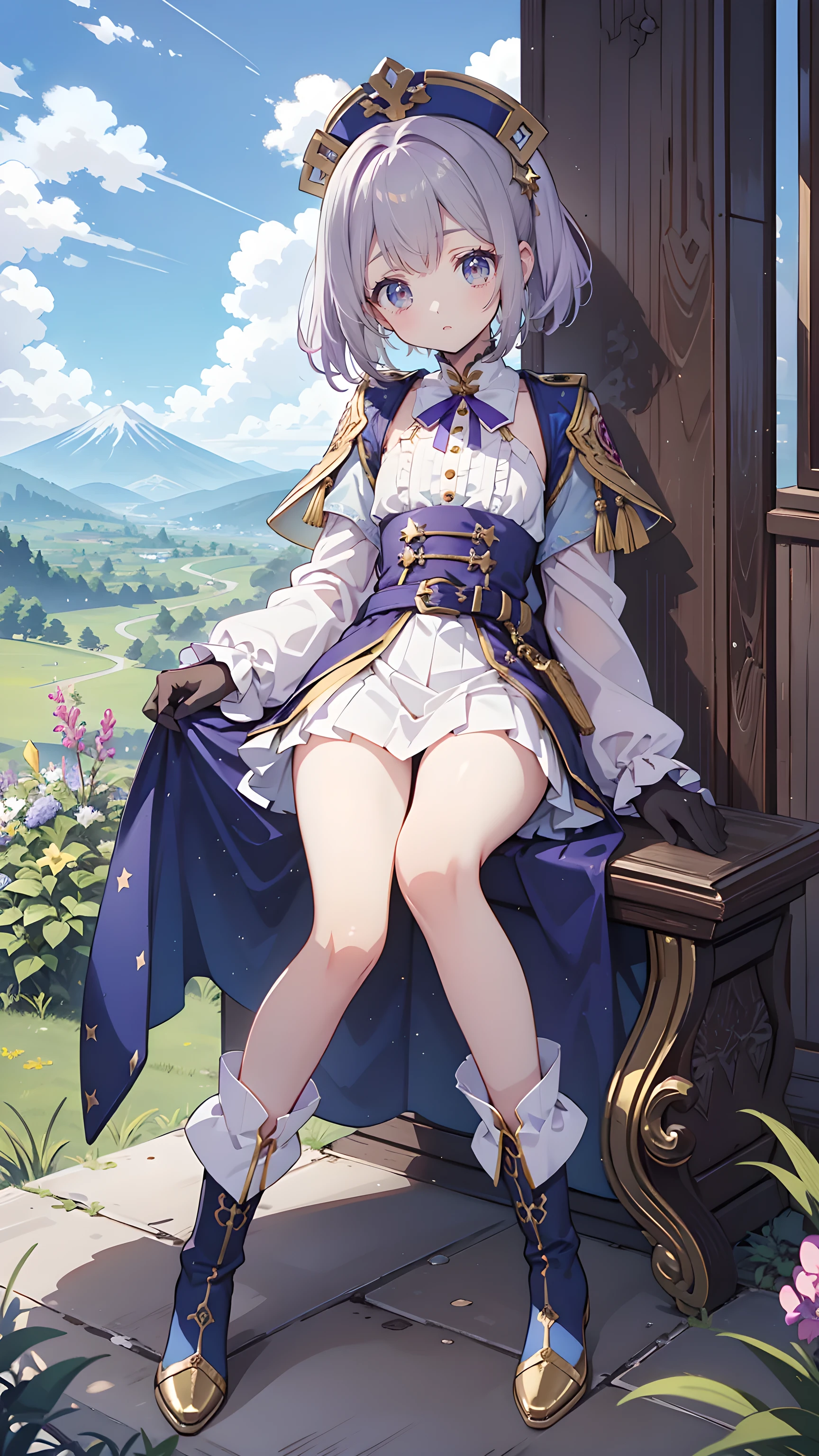 Purple high boots,Lilac ruffles at toe and heel, Indigo blue sole. White ruffles at cuffs.、It has gold thread, There is a belt with gold buttons on the outside.. The boots are decorated with pastel stars. White socks have a purple stripe a few inches from the top. shine; Sparkling、Ultra-high resolution and ultra-high quality、Japanese cartoons、Zoom in Zoom in 、Smile、fantasy、Magical Taoist、The texture of the clothes is very high quality, Realistic texture of materials, Luxurious adventurer costume, Dazzling Jewels, Silver decoration, Palladium, Brown leather gloves, Thigh-length skirt, joy, Beautiful girl with nice body, Lilac hair, Eye Enhancement, Navy purple eyes, Upper body, Break, Blue sky, Distant Mountains, There are no buildings on the grassland