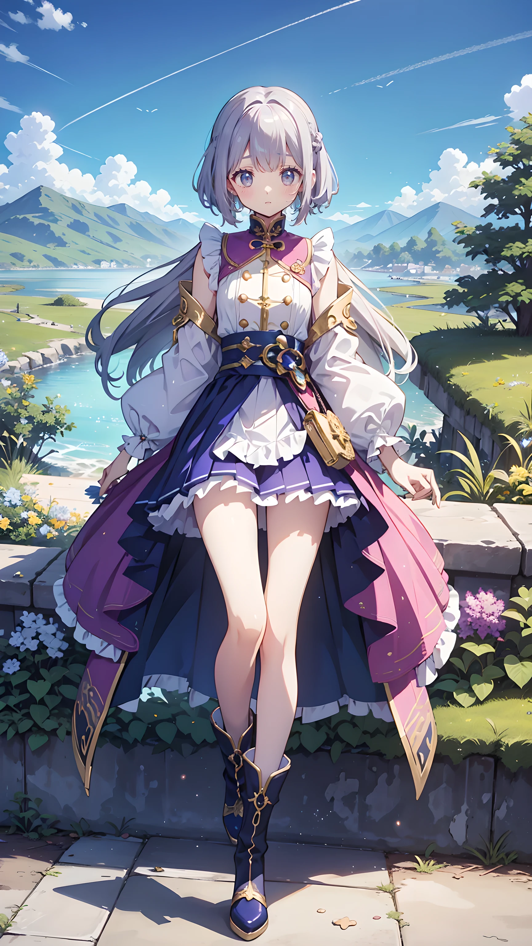 Purple high boots,Lilac ruffles at toe and heel, Indigo blue sole. White ruffles at cuffs.、It has gold thread, There is a belt with gold buttons on the outside.. The boots are decorated with pastel stars. White socks have a purple stripe a few inches from the top. shine; Sparkling、Ultra-high resolution and ultra-high quality、Japanese cartoons、Zoom in Zoom in 、Smile、fantasy、Magical Taoist、The texture of the clothes is very high quality, Realistic texture of materials, Luxurious adventurer costume, Dazzling Jewels, Silver decoration, Palladium, Brown leather gloves, Thigh-length skirt, joy, Beautiful girl with nice body, Lilac hair, Eye Enhancement, Navy purple eyes, Upper body, Break, Blue sky, Distant Mountains, There are no buildings on the grassland