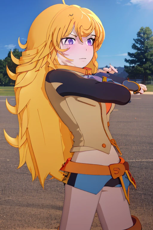 {{masterpiece, ultra-high quality, ultra detailed CG,}} perfect character fusion, outfit fusion, not wearing a swimsuit, sunset, Yang Xiao Long, Yang Xiao Long (RWBY), Dark Magician Girl, Dark Magician Girl (Yu-Gi-Oh!), golden blond hair, violet eyes, bright blue witch's hat, ruby red and bright blue outfit, fighting pose, confident look, official art, noon, clear blue skies, full body pic, waist length hair, big breasts, toned arms