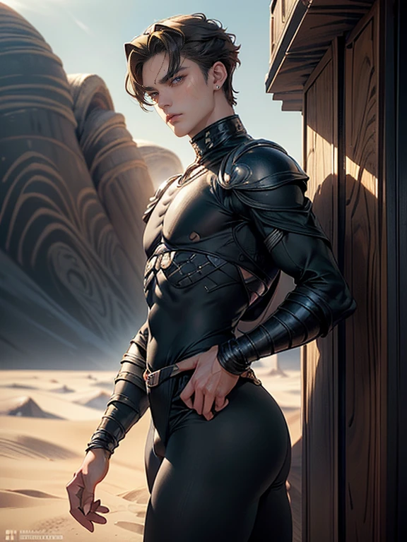 (masterpiece,best quality,ultra_detailed,highres,absurdres), (detailed shadow), (quality light), 1 (young_male:1.9) (paul_atreides_boy) (with bulge:1.5), 30-ish, (slanted_eyes:1.2), (muscleale focus), (1boy, solo:1.5), short black Quiff hair with Soft Fringe (bangs part on side 3:7 ratio), (dune_series:1.7), blue_eyes (detailed eyes), androgynous young beautiful pretty cute elegant (paul_atreides_boy) (in paul_atreides_boy_outfit:1.7) is (walking outdoors:1.4), (eyelashes), (thigh_gap), pectorals, (wide_flat_chest, wide_shoulders:1.6), (big_wide_hips, big_wide_pelvis:1.6), (warm_smile:1.2), (thin_waist, dented_waist, waist_narrower_and_thinner_than_neck:1.6), (en_face, side_view:1.1), (swayback, curvy_waist, arched_back), short hair, looking at viewer, parted lips, ((PERFECT_FACE)), ((finely_detailed_beautiful_eyes_and_detailed_face)), (best_illumination, best_shadow, an_extremely_delicate_and_beautiful)