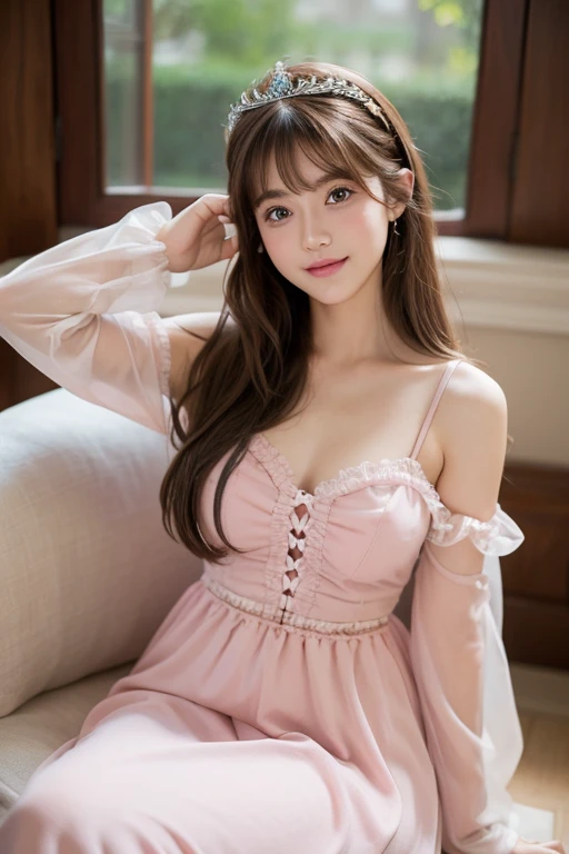 ((​Masterpiece, Top image quality, high resolution、alone、skin shiny))(on the table, best quality, actual, super detailed, meticulous, high resolution, 8k wallpaper), Close-up portrait of a beautiful woman, like, smiling, light brown messy hair, Perfect dynamic composition, 美丽meticulous的眼睛, Just like the cover of a fashion magazine, on campus，Gorgeous costumes，hot stamping clothing，One wearing a gauzy pink dress，An 8-year-old girl with long black hair and a pink bow hairpin sits on the ground holding balloons，White lace stockings that don’t go beyond the knee，Girly bedroom，Pink girl&#39;s room decoration。