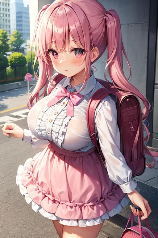 masterpiece、highest quality、Very detailed、Photograph the upper body、1 female、(Put your arms behind your back:1.2)、Are standing、Turn your body forward、View your viewers、(police costume)、break,blush、shy、Pink Hair、Open your mouth、Police Department、Big Breasts、