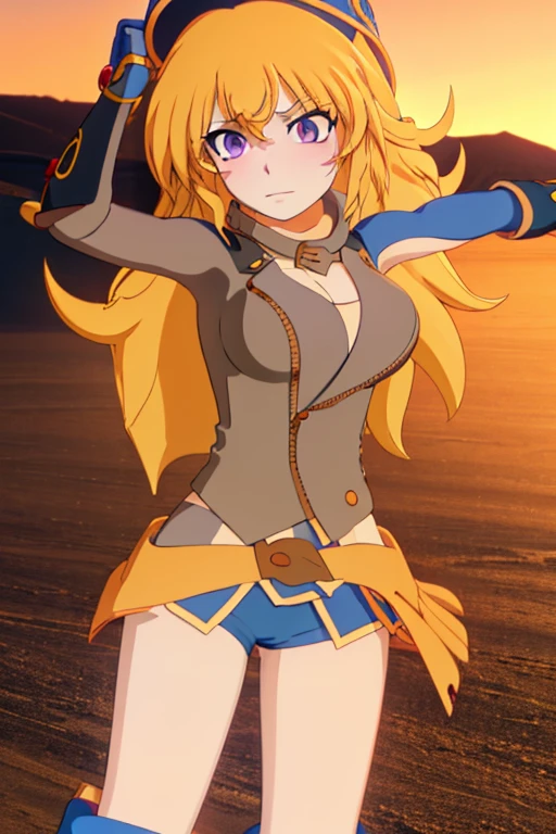 {{masterpiece, ultra-high quality, ultra detailed CG,}} perfect character fusion, outfit fusion, not wearing a swimsuit, sunset, Yang Xiao Long, Yang Xiao Long (RWBY), Dark Magician Girl, Dark Magician Girl (Yu-Gi-Oh!), golden blond hair, violet eyes, bright blue witch's hat, ruby red and bright blue outfit, fighting pose, confident look, noon, clear blue skies, full body pic, waist length hair, big breasts, toned arms, sleeveless outfit, shorts