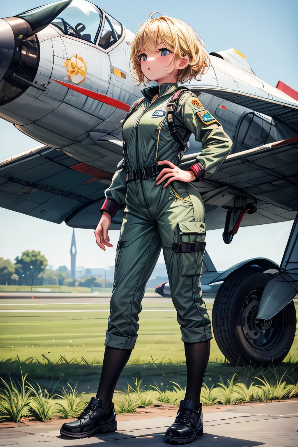 (masterpiece), best quality, expressive eyes, perfect face((best quality)), ((masterpiece)), (detailed), perfect face, airforce jumpsuit, standing, full body, front view, European, blonde, dark green uniform, jetfighter plane background,amazing sapraizz, dynamic production, cinematic lighting  ,8k